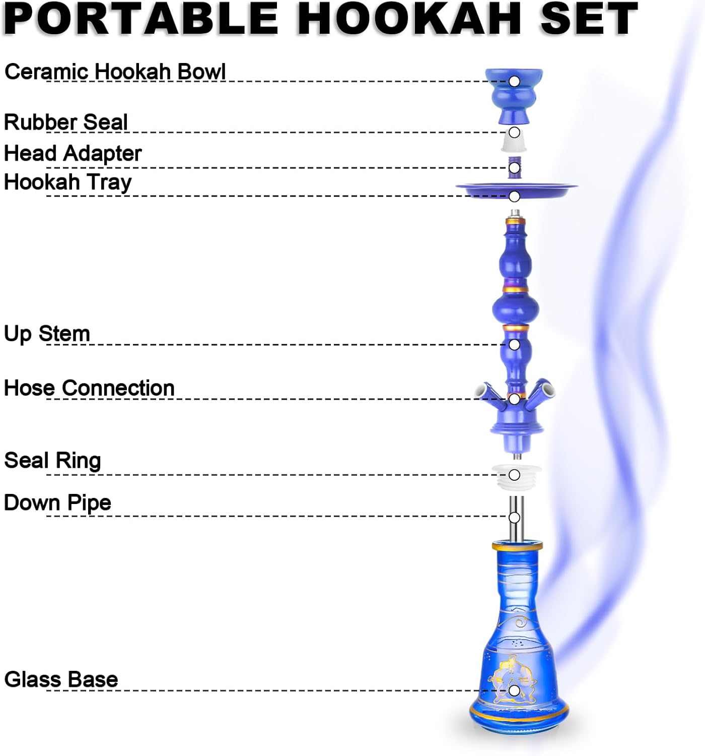 21'' Hookah Set 4 Hose Hookah Set With Everything, Glass Vase, Ceramic Bowl, Coal Tong, Leather Hose, Hookah Foil, Disposable Hookah Tips (Blue) - Image 6