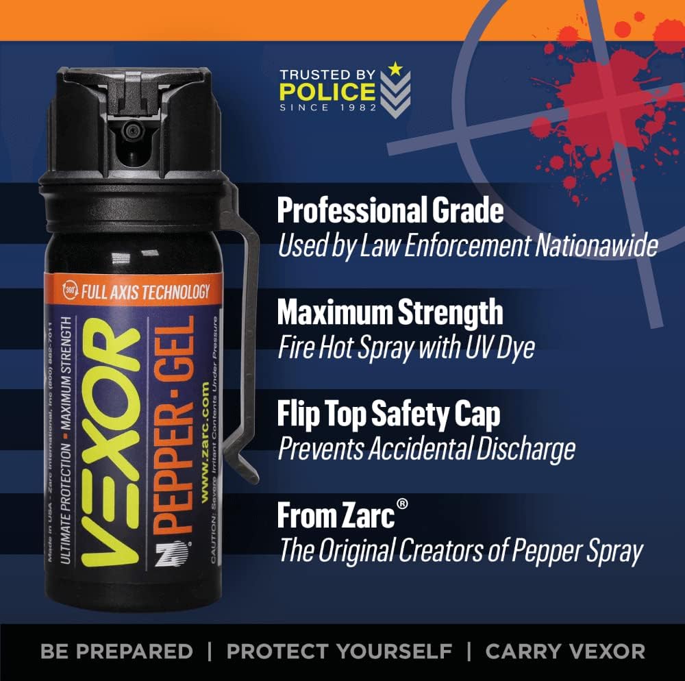 VEXOR Pepper Gel from Zarc, Maximum Strength Police Pepper Spray, Gel is The Future, Full Axis Technology Shoots from Any Angle 18-feet, Flip-top Safety - Image 3