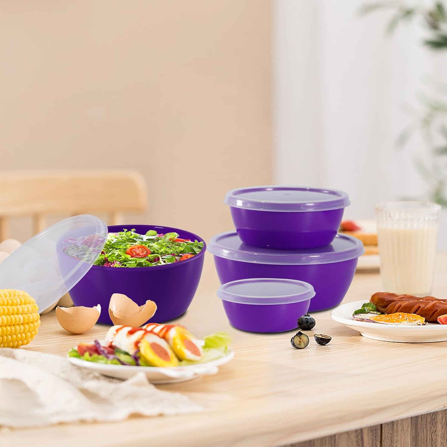 4-Piece Classic Plastic Prep Bowls with Lids, Nesting Plastic Small Mixing Bowl Set for Mixing, Baking, Prepping, Cooking and Serving Food, Microwave and Dishwasher Safe (Purple) - Image 5