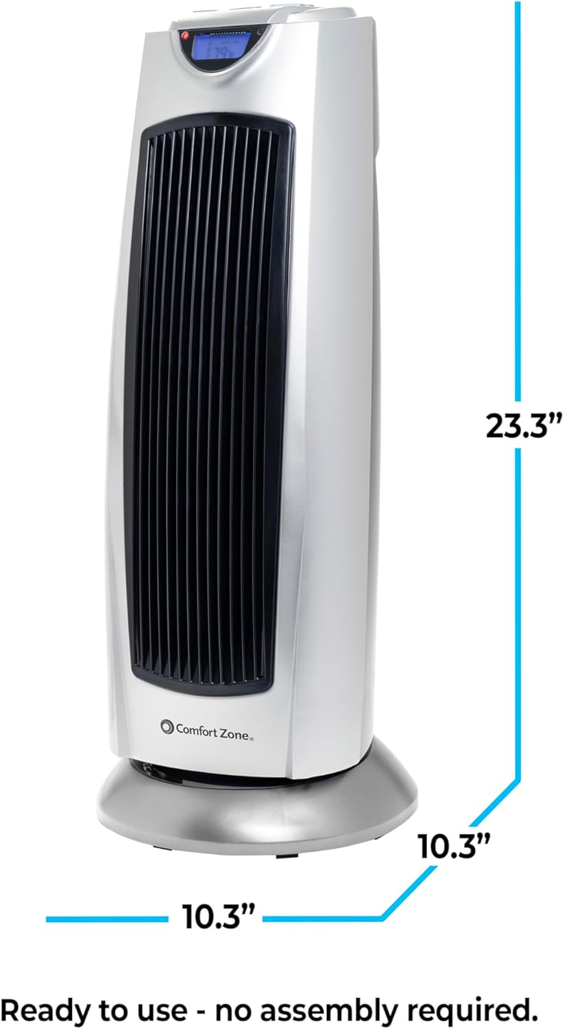 Comfort Zone Ceramic Tower Space Heater, 1500W Portable Electric Heater with 80° Oscillation, Digital Controls & Remote, Tip-Over & Overheat Protection, Indoor Heater for Home, Office & Bedroom - Image 9