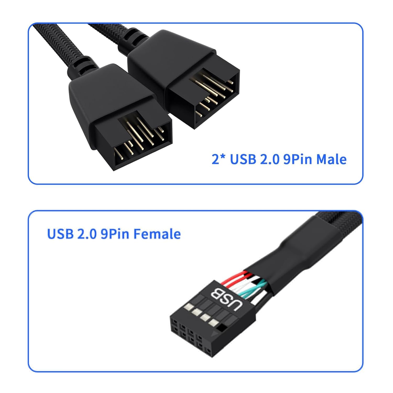 1 Pack Motherboard 9 Pin USB 2.0 to Dual 9 Pin Extension Splitter, Motherboard USB Splitter 9 Pin Header Cable, USB2.0 Header Splitter for Internal Computer Motherboard (Braided Black) - Image 2