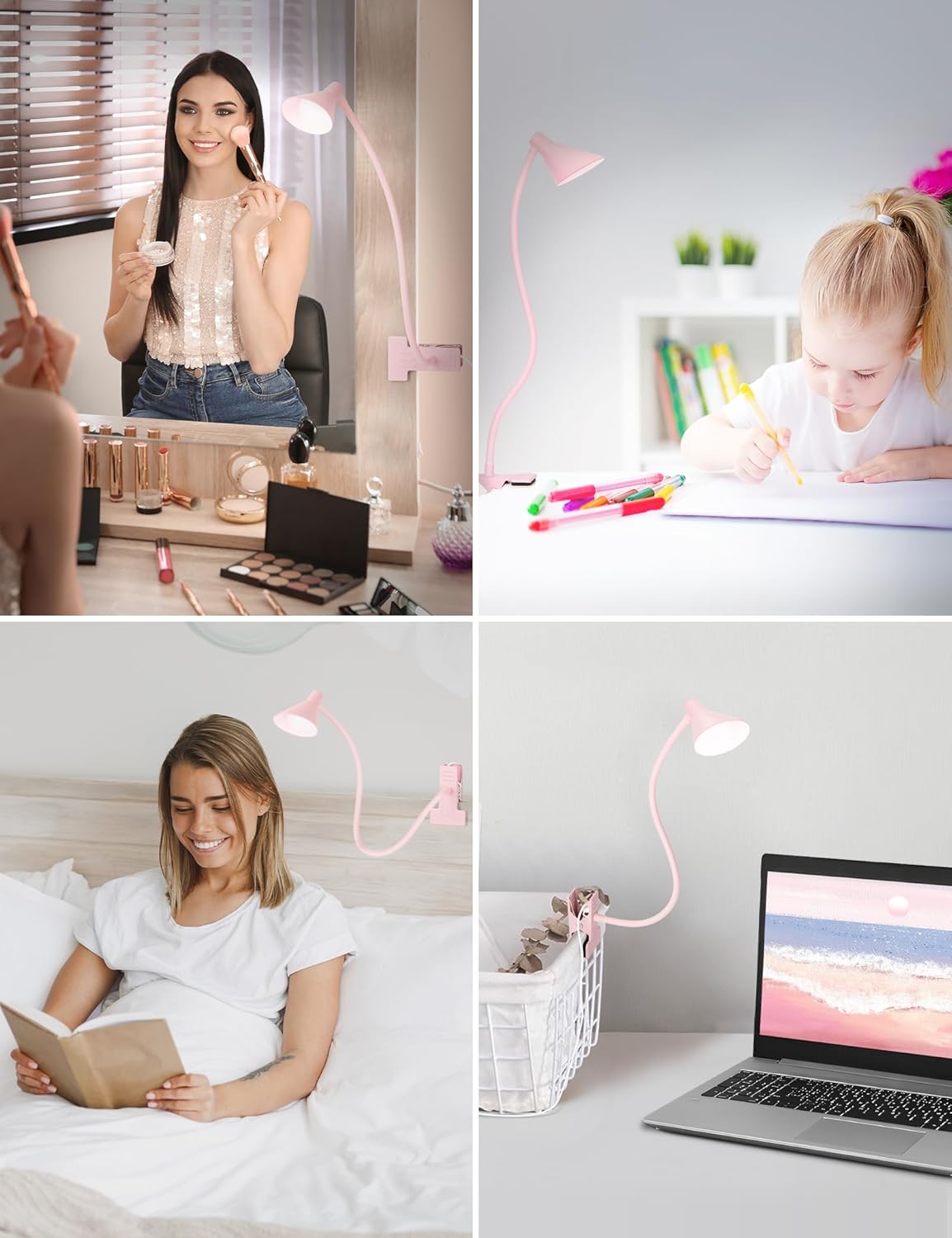 Pink Small Desk Lamp Clip on LED Reading Light for Bed, 3 Color Modes 10 Dimmable Brightness, Book in Bed Headboard, Flexible Neck Clamp BL08 - Image 6