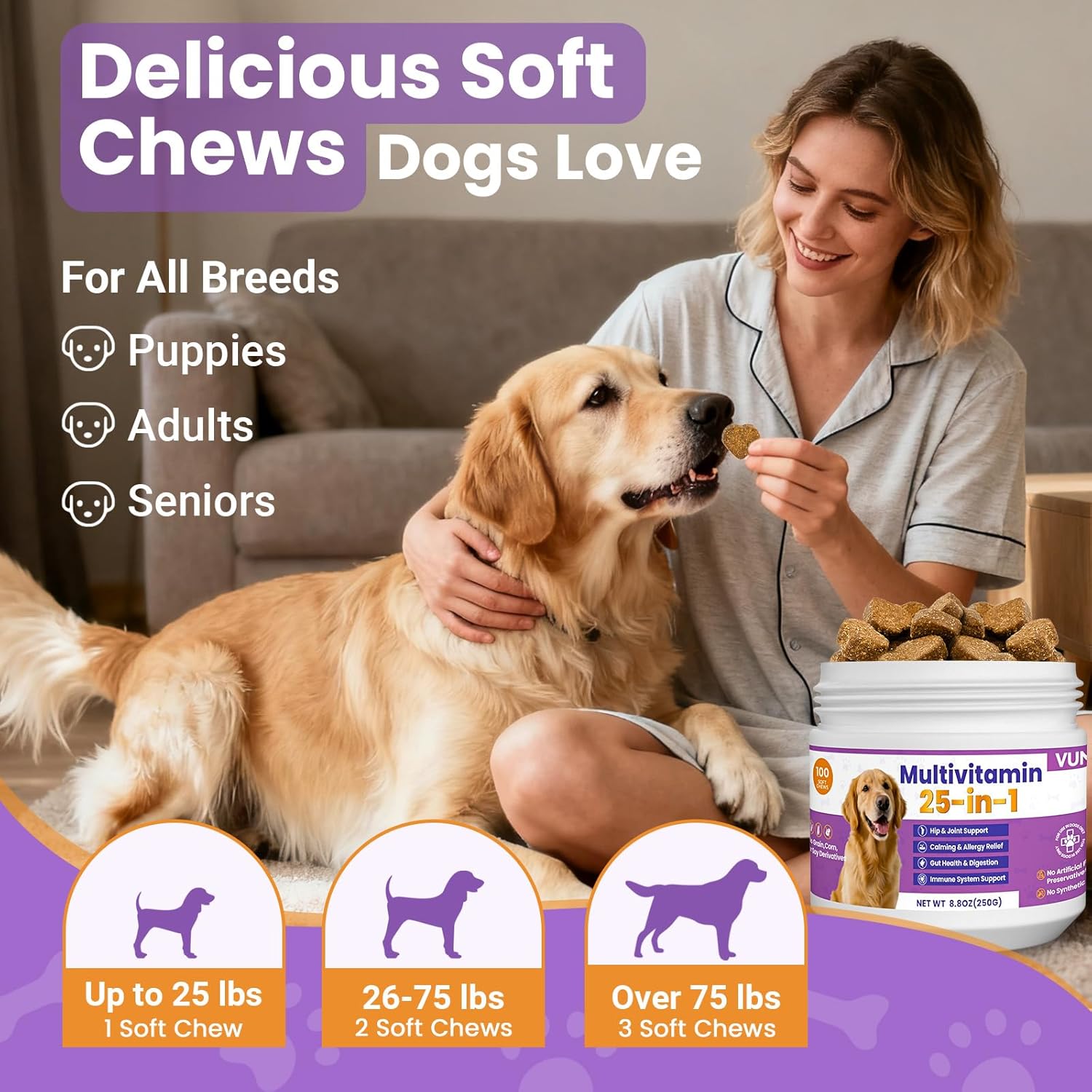 Dog Multivitamin 25 in 1 Chewable Dogs Vitamins Supplements Treats for Pet Omega-3 Glucosamine Vitamin for Puppy Supplies Skin Coat, Heart, HIPS & Joints, Digestion & Immune System 100pcs - Image 6