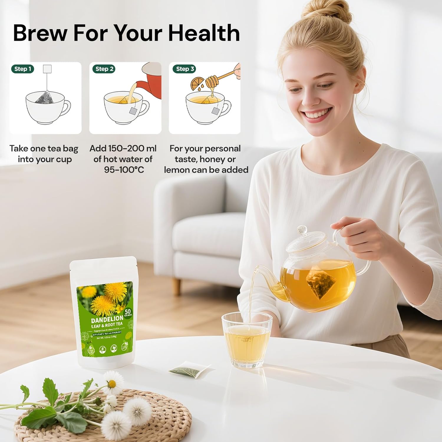 Dandelion Leaf and Root Tea bags, Natural Chinese Detox Herbal Tea Support Liver & Kidney Health and Aid Digestion Caffeine Free (1 Pack/100 Bags) - Image 6