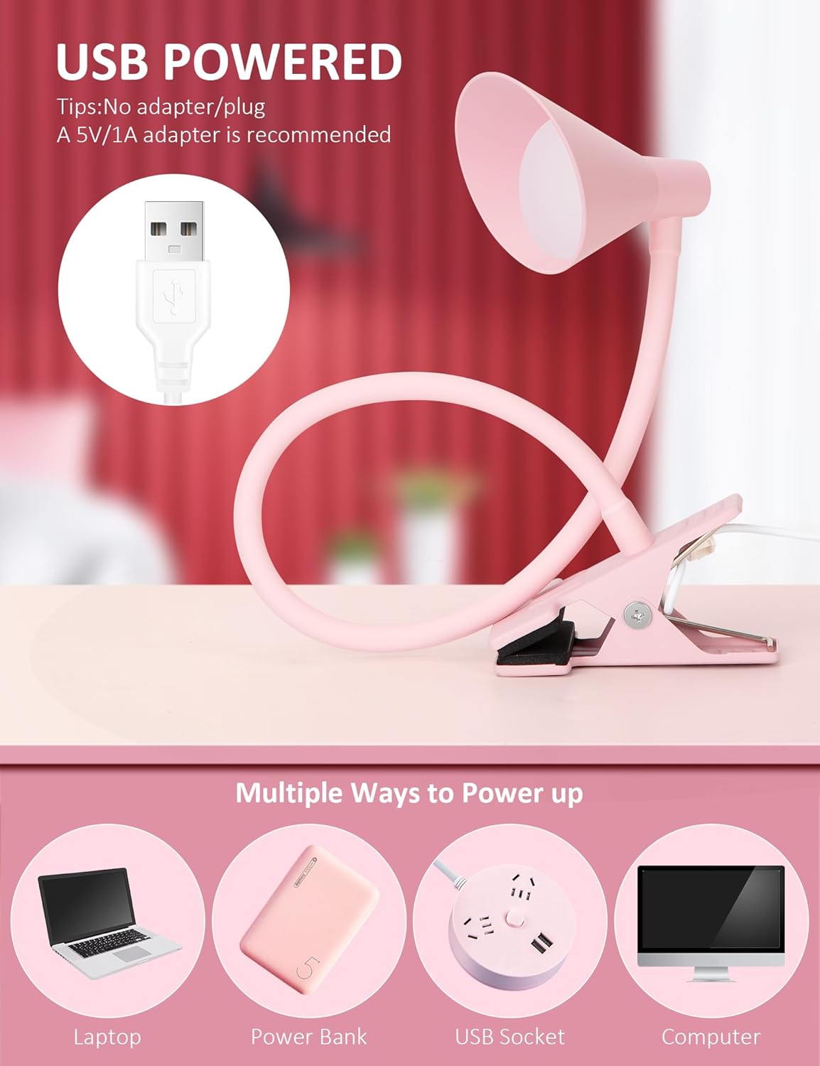 Pink Small Desk Lamp Clip on LED Reading Light for Bed, 3 Color Modes 10 Dimmable Brightness, Book in Bed Headboard, Flexible Neck Clamp BL08 - Image 7