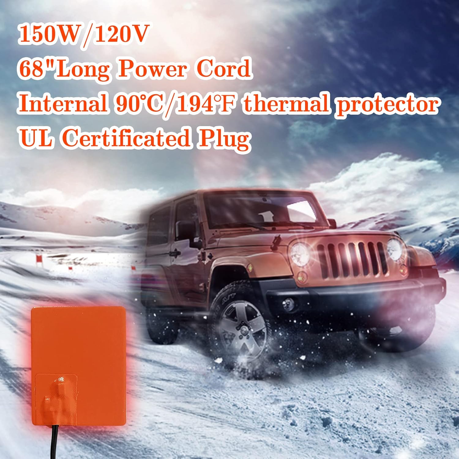 2PCS Engine Block Heater Oil Pan Heater Pad with Thermostat 120V 150W 4 X 5 Inch 3M Self-Adhesive Metal Surface Dipstick Engine Block Silicone Heating Pad with 68 Inch Long Power Cord - Image 6