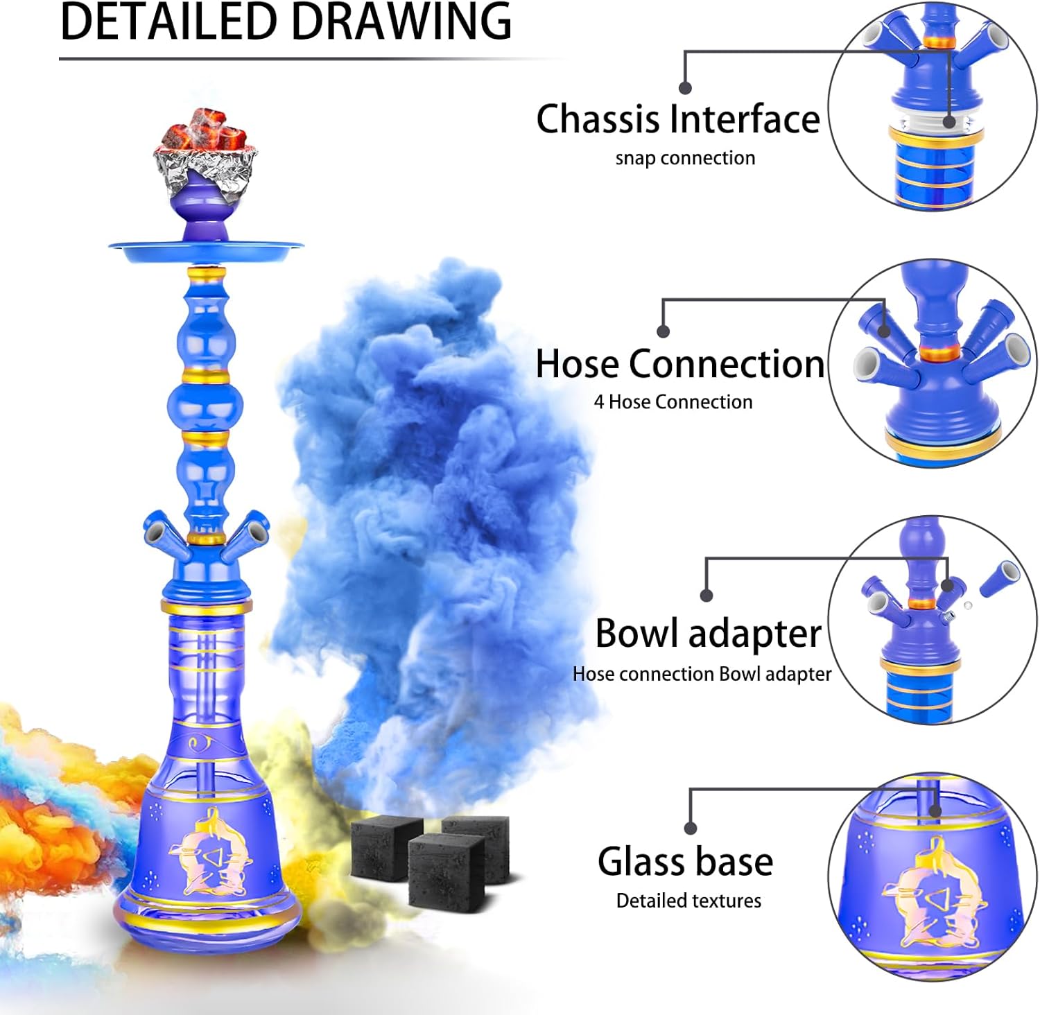 21'' Hookah Set 4 Hose Hookah Set With Everything, Glass Vase, Ceramic Bowl, Coal Tong, Leather Hose, Hookah Foil, Disposable Hookah Tips (Blue) - Image 3