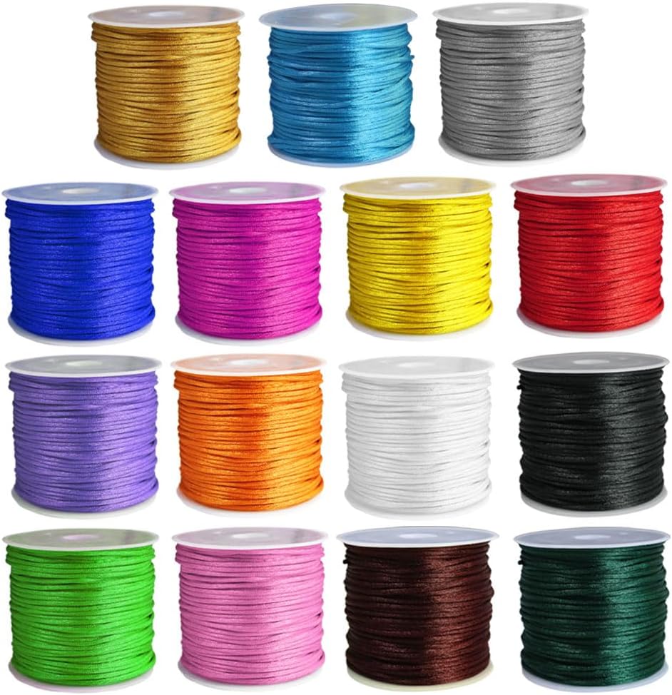 Ewparts 15 Rolls Satin Nylon String for Bracelets Making 1.5mm Satin Rattail Cord for Beading, Kumihimo,Necklace,Macrame Craft, Keychains Lanyards, Jewelry Making,Bracelet Silk String