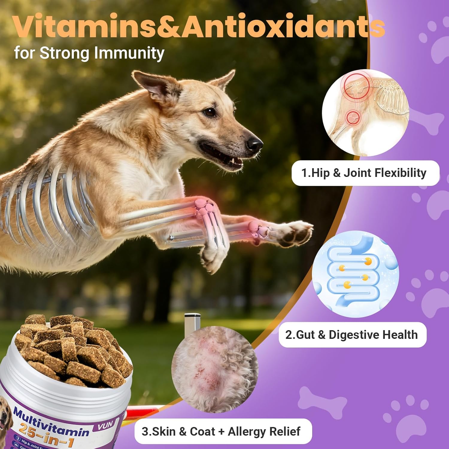 Dog Multivitamin 25 in 1 Chewable Dogs Vitamins Supplements Treats for Pet Omega-3 Glucosamine Vitamin for Puppy Supplies Skin Coat, Heart, HIPS & Joints, Digestion & Immune System 100pcs - Image 5