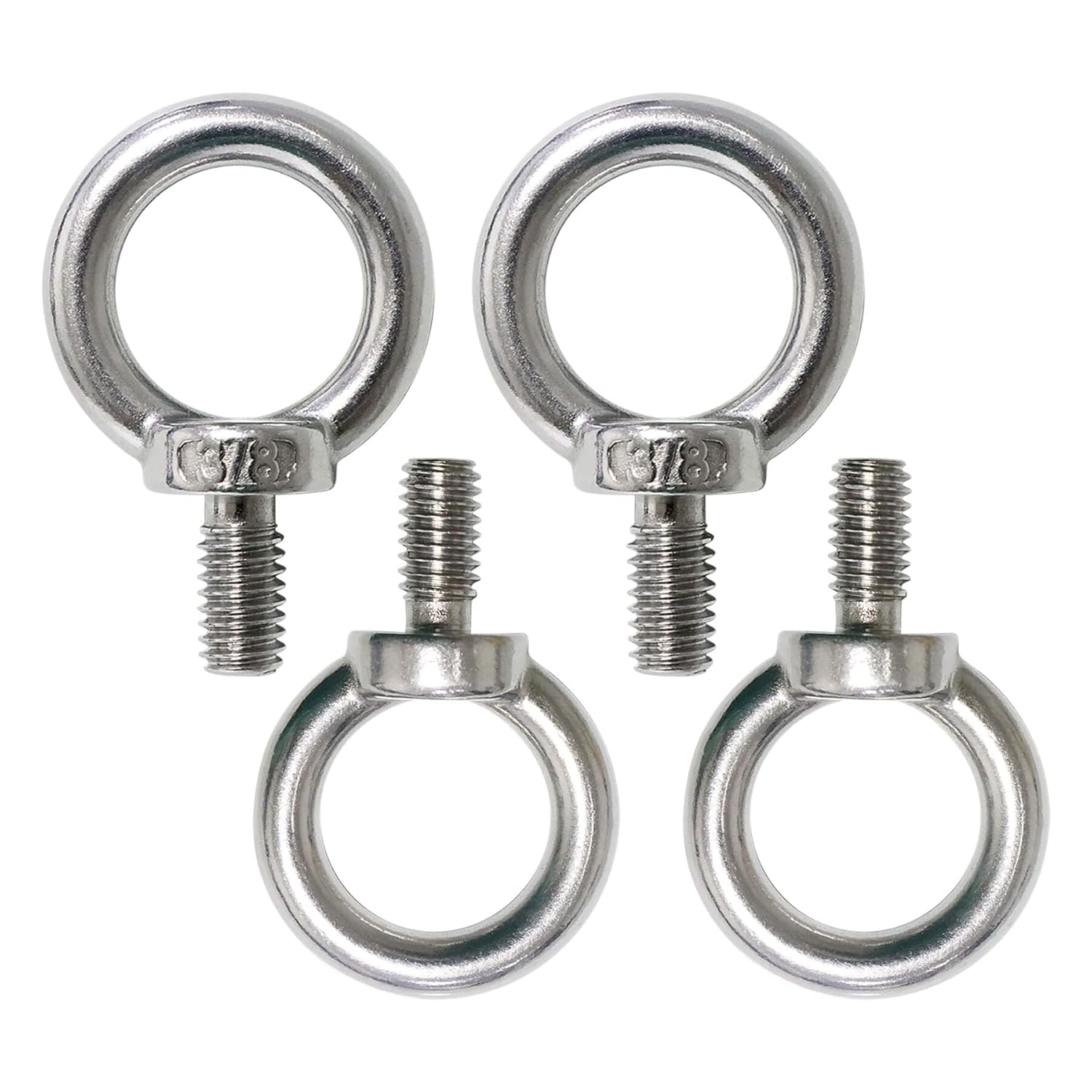 3/8" UNC Lifting Shoulder Eye Bolts, Marine Grade 316 Stainless Steel Threaded Nut Fastener, 4 Packs