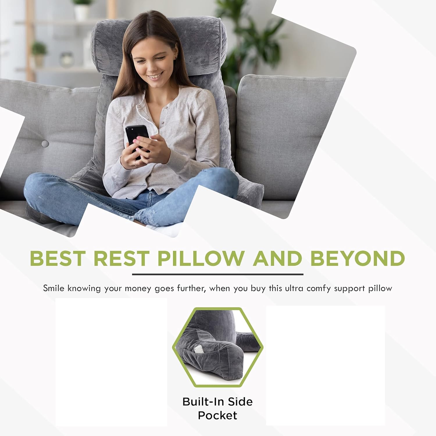 Reading Pillow Extra Large - Sitting Relax Backrest for Bed or Chair with Support Arms, Shredded Memory Foam Back Rest for Gaming Reading, Relaxing, Watching TV - Image 2