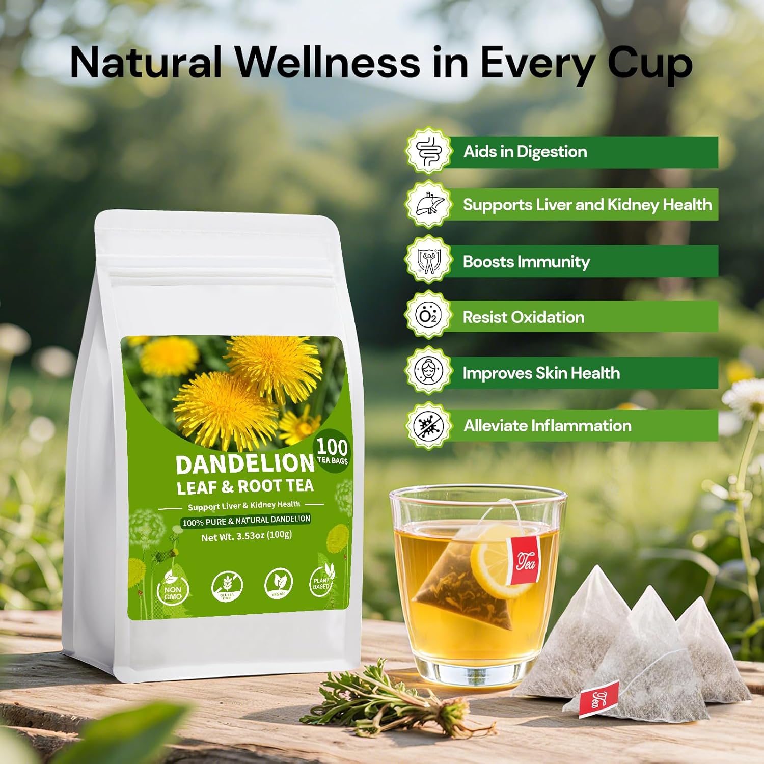 Dandelion Leaf and Root Tea bags, Natural Chinese Detox Herbal Tea Support Liver & Kidney Health and Aid Digestion Caffeine Free (1 Pack/100 Bags) - Image 3