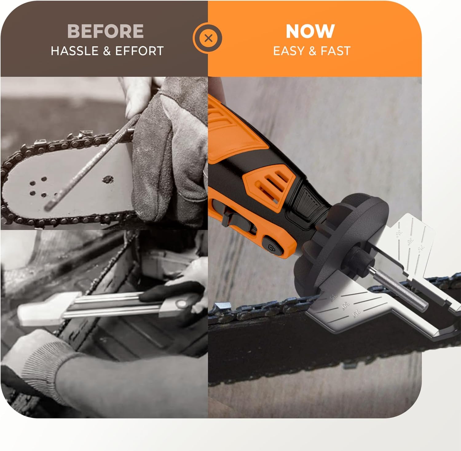 Sharp Pebble Electric Cordless Chainsaw Sharpener Kit - Comes with Chain Saw Sharpener Tool, 4 File Size Sharpening Wheels, Angle Attachment, Wrench & eBook - Image 5