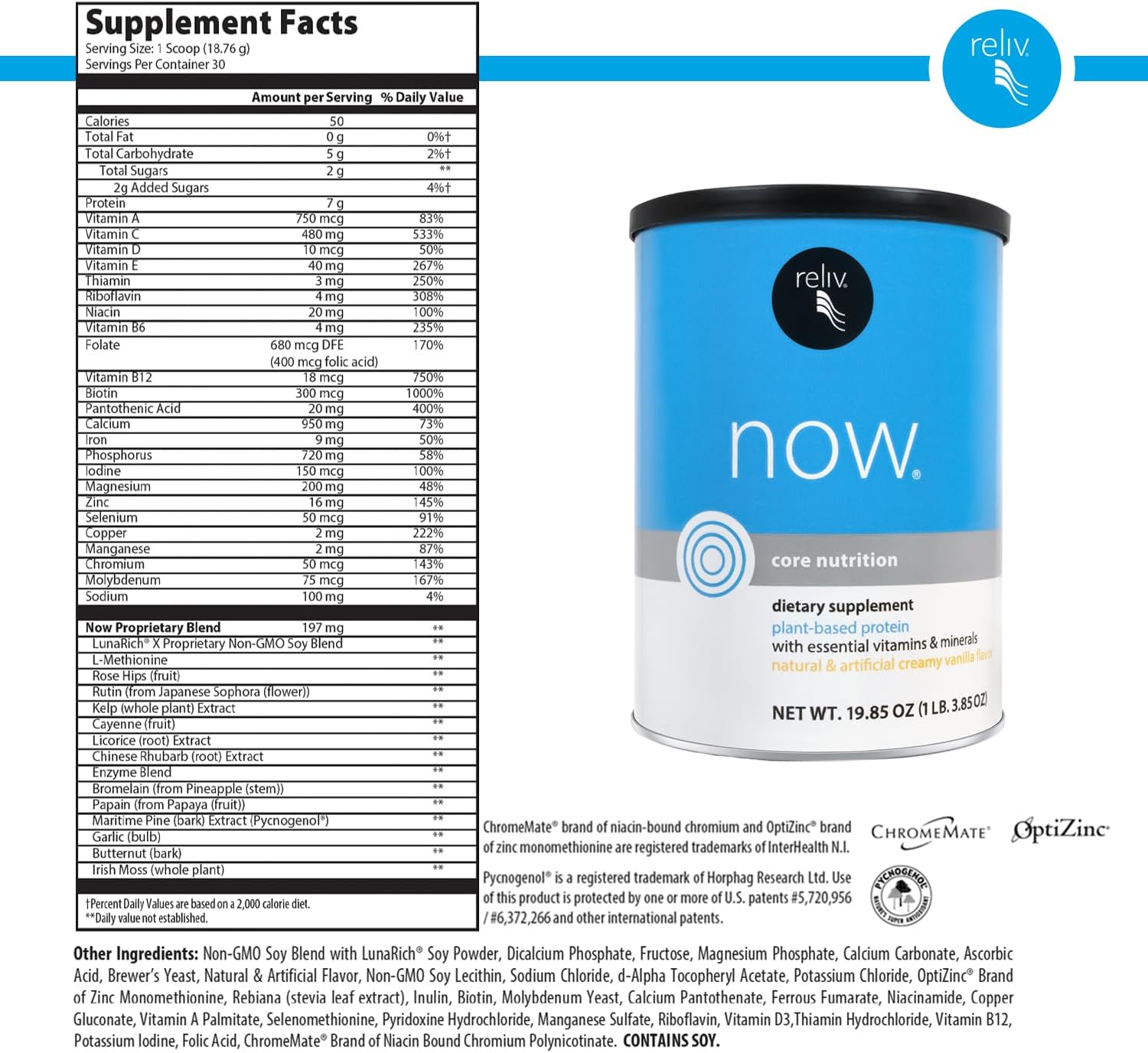 RELIV Now with Soy, Creamy Vanilla - Plant-Based Protein Shake with 7g Protein and Minerals, Dairy-Free, Gluten-Free, 30 Servings, 19.85 oz - Image 2