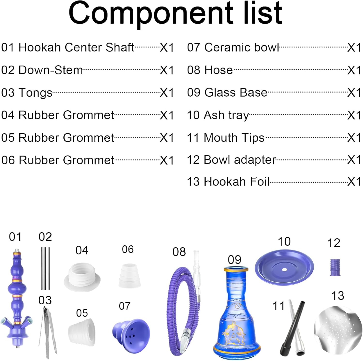 21'' Hookah Set 4 Hose Hookah Set With Everything, Glass Vase, Ceramic Bowl, Coal Tong, Leather Hose, Hookah Foil, Disposable Hookah Tips (Blue) - Image 5