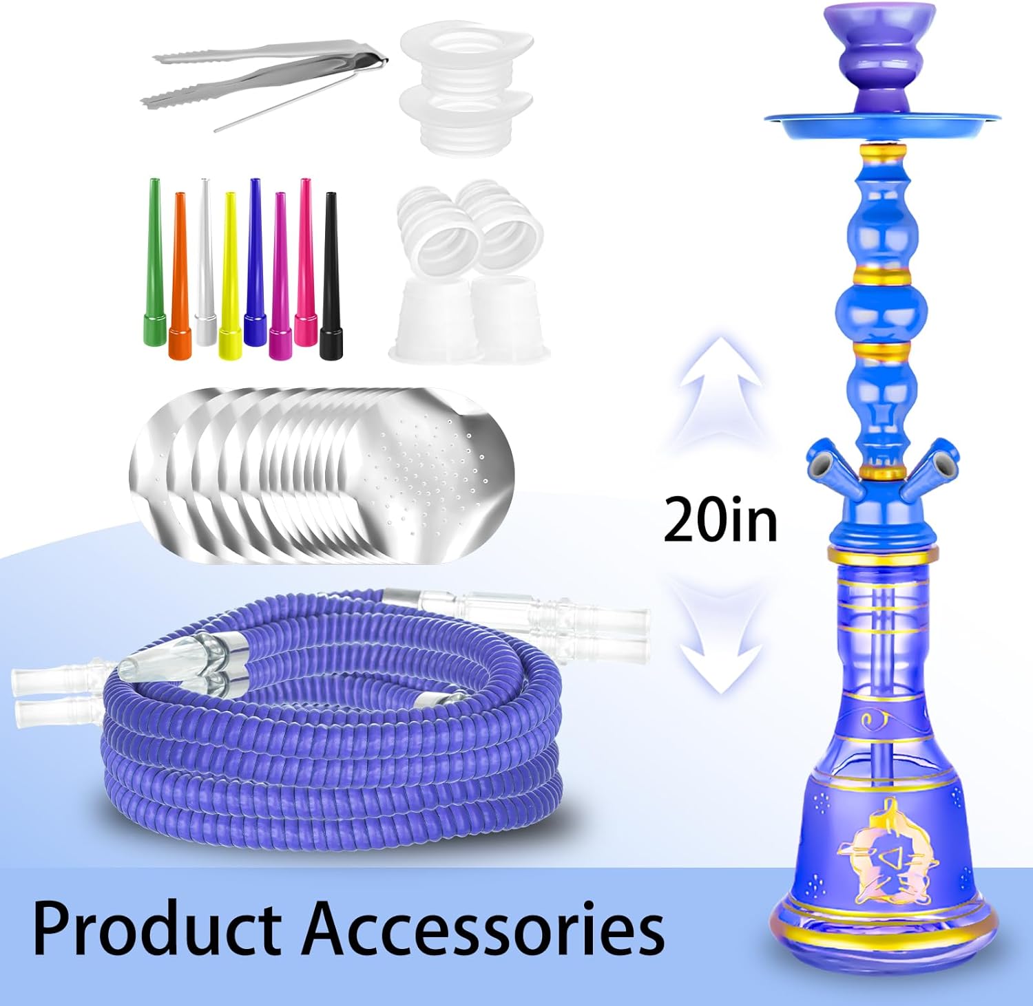 21'' Hookah Set 4 Hose Hookah Set With Everything, Glass Vase, Ceramic Bowl, Coal Tong, Leather Hose, Hookah Foil, Disposable Hookah Tips (Blue) - Image 2