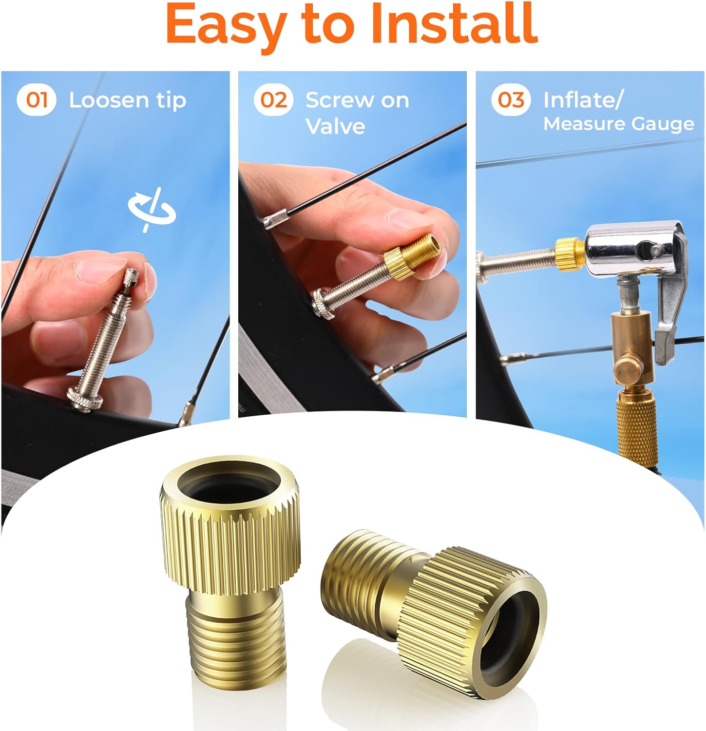 ETENWOLF Brass Presta Valve Adapter 4 Pack, Convert Presta to Schrader Valve Adaptor, Easy Inflation with Standard Pump or Air Compressor, Includes 8 Valve Caps - Image 4