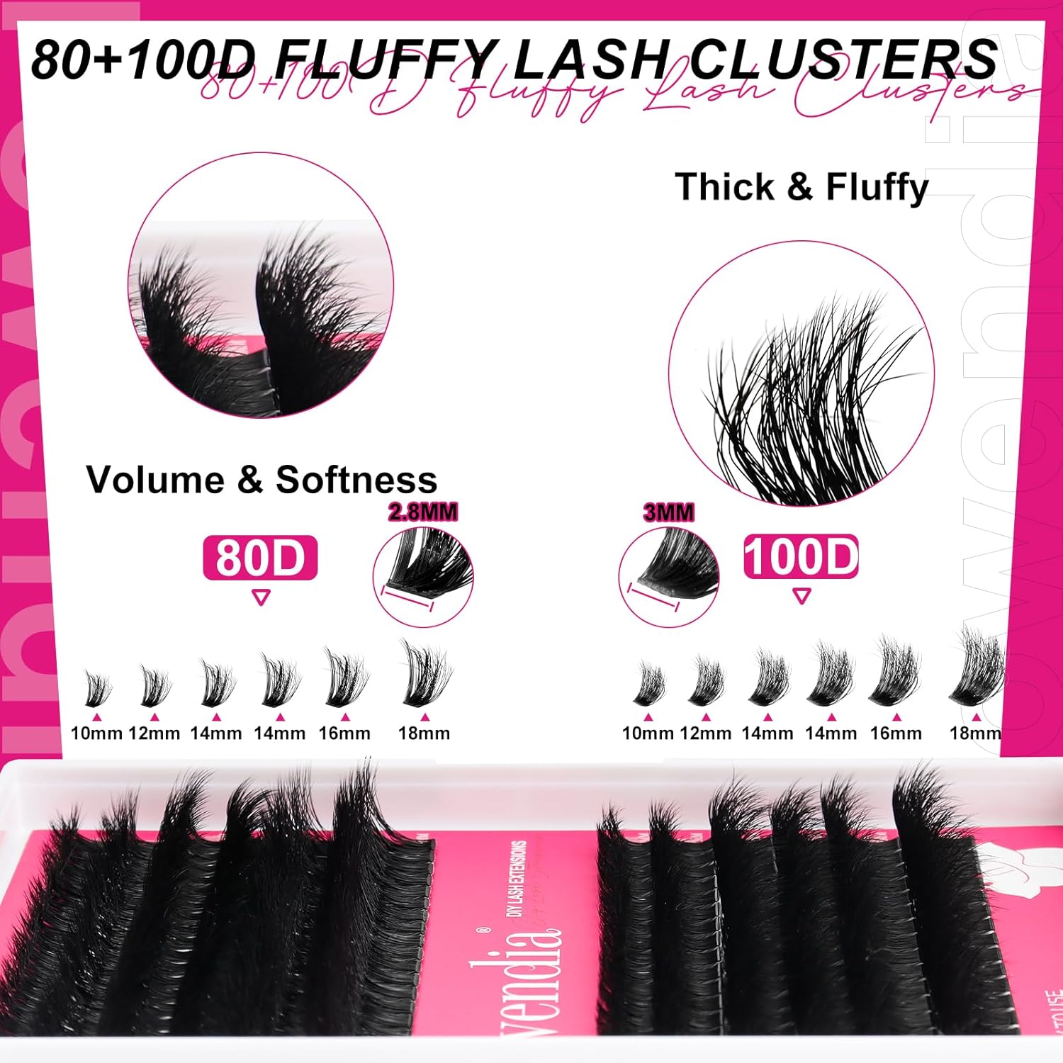 Fowendia Lash Clusters Kit Fluff 80D 100D Individual Lashes D Curl Cluster Eyelash Extensions 10-18mm DIY Lash Extension Kit Lash Bond and Seal Waterproof, Lash Applicator, Thick False Eyelashes Kit - Image 2