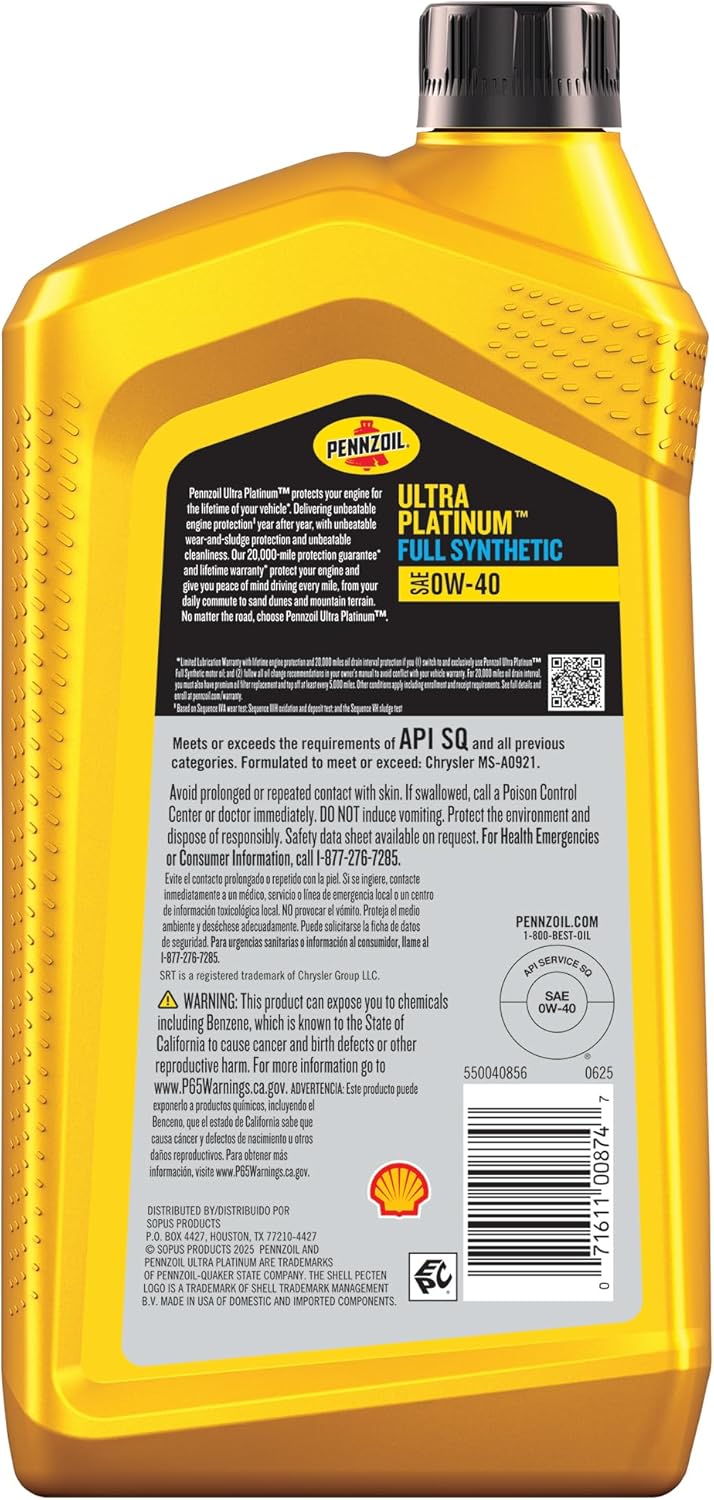 Pennzoil Ultra Platinum Full Synthetic 0W-40 Motor Oil, 1 Quart (6 Pack) - Image 2