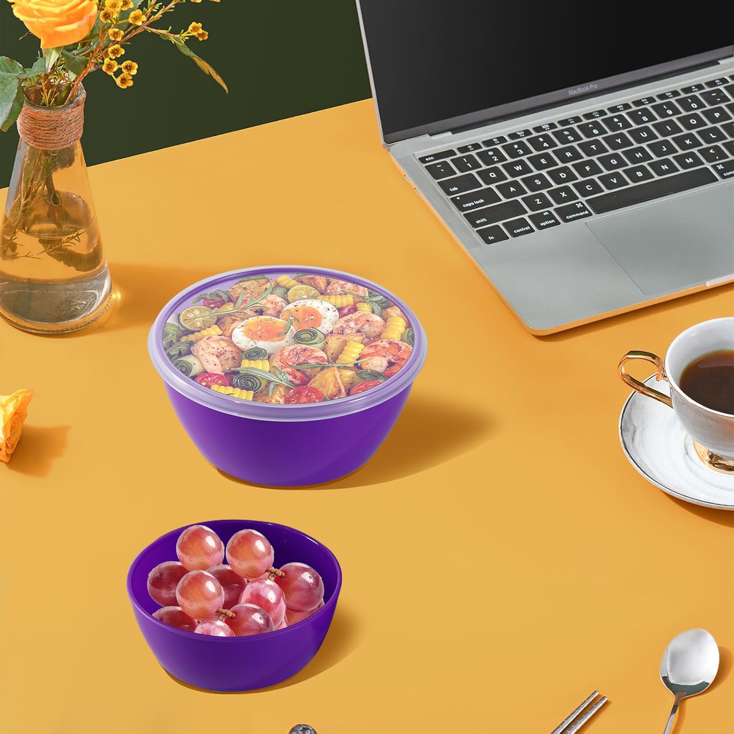 4-Piece Classic Plastic Prep Bowls with Lids, Nesting Plastic Small Mixing Bowl Set for Mixing, Baking, Prepping, Cooking and Serving Food, Microwave and Dishwasher Safe (Purple) - Image 6