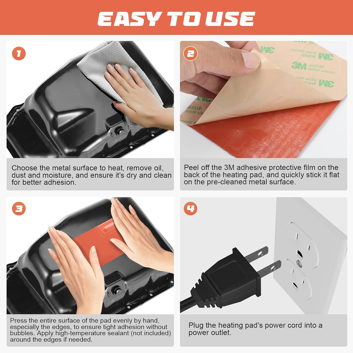 2PCS Engine Block Heater Oil Pan Heater Pad with Thermostat 120V 150W 4 X 5 Inch 3M Self-Adhesive Metal Surface Dipstick Engine Block Silicone Heating Pad with 68 Inch Long Power Cord - Image 5