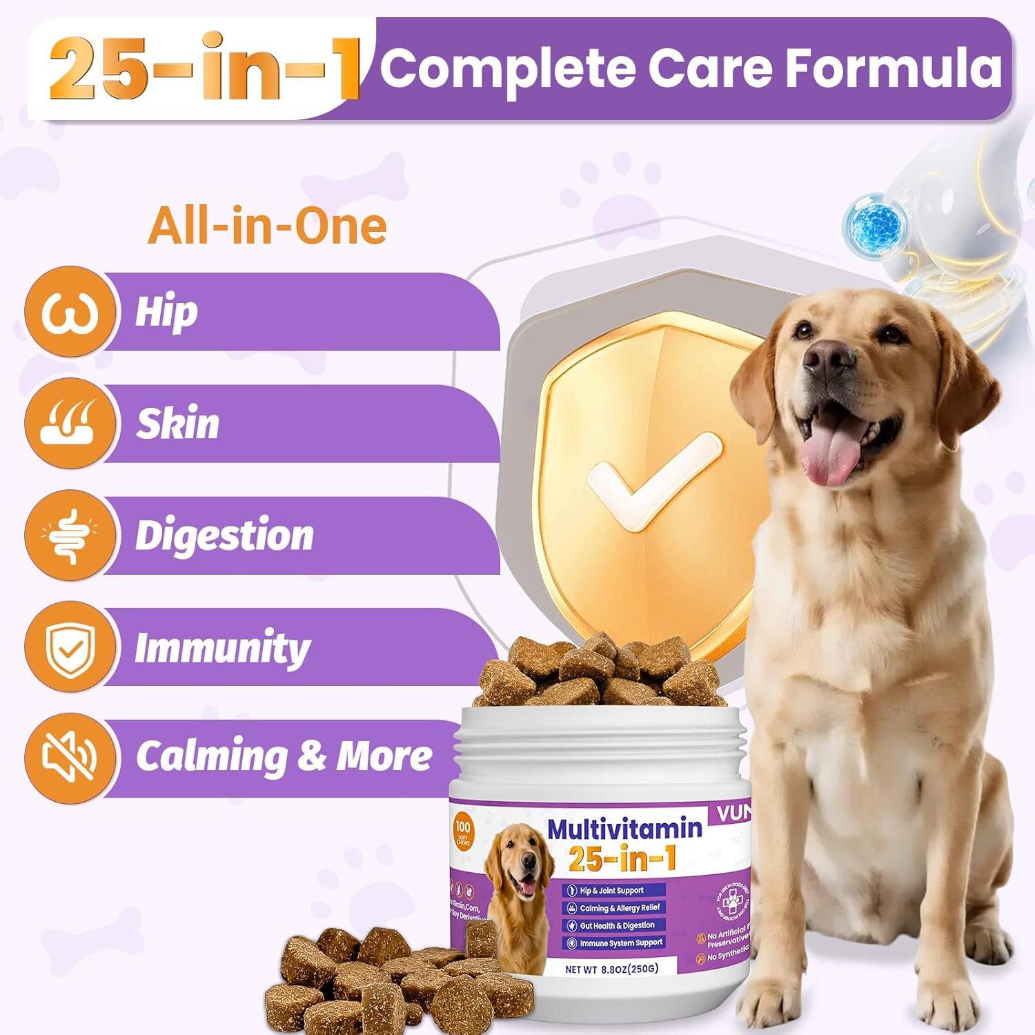 Dog Multivitamin 25 in 1 Chewable Dogs Vitamins Supplements Treats for Pet Omega-3 Glucosamine Vitamin for Puppy Supplies Skin Coat, Heart, HIPS & Joints, Digestion & Immune System 100pcs - Image 3