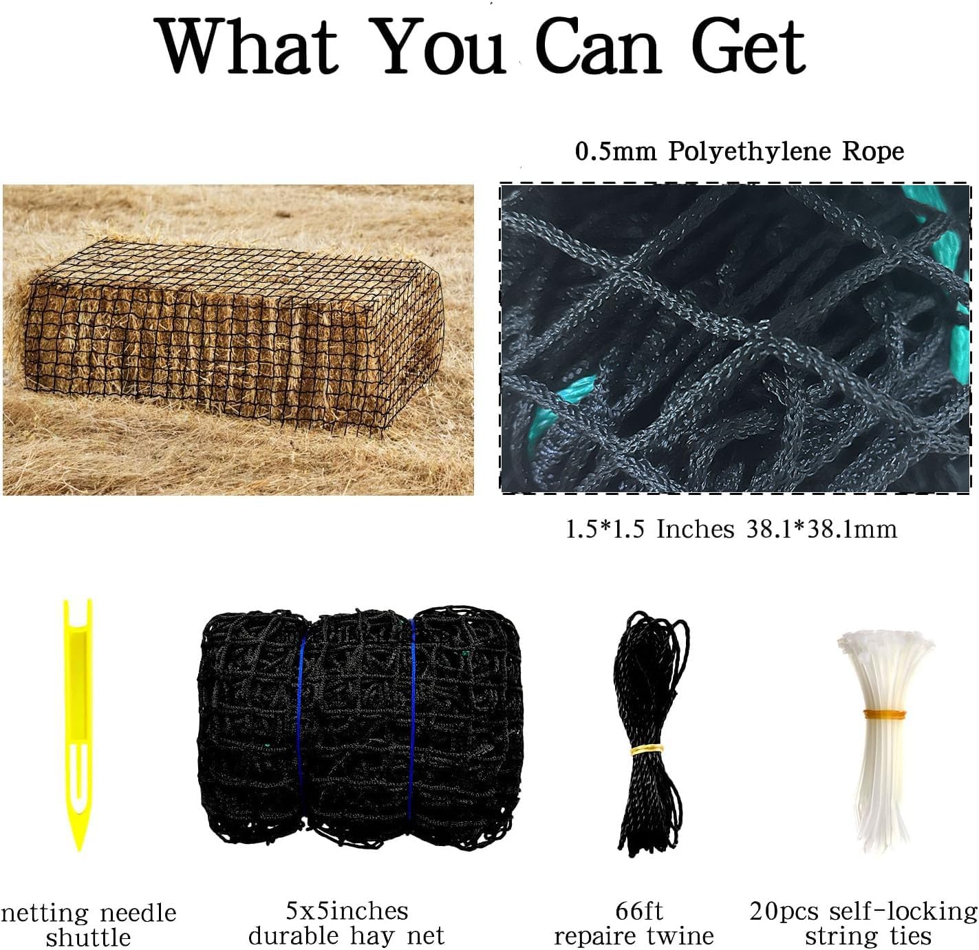 Large Round Bale Hay Net, 5x5FT Knotless Hay Nets for Horses Slow Feed, Heavy Duty Livestocks Haynet for 4x4/5x5 or Square Bale 3x3x8/4x4x8 - Image 5