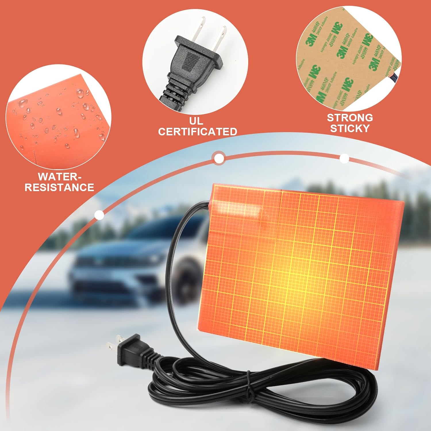 2PCS Engine Block Heater Oil Pan Heater Pad with Thermostat 120V 150W 4 X 5 Inch 3M Self-Adhesive Metal Surface Dipstick Engine Block Silicone Heating Pad with 68 Inch Long Power Cord - Image 3