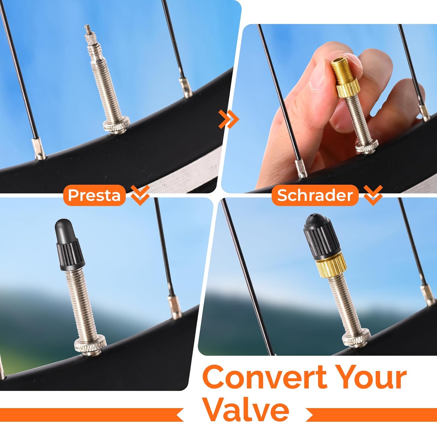 ETENWOLF Brass Presta Valve Adapter 4 Pack, Convert Presta to Schrader Valve Adaptor, Easy Inflation with Standard Pump or Air Compressor, Includes 8 Valve Caps - Image 2