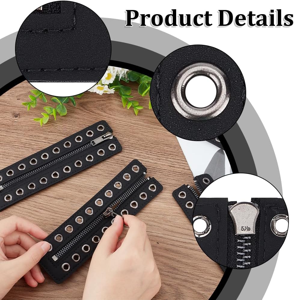 PH PandaHall 2 Pairs Leather Boot Zipper Inserts, 6.9 x 2 Inch Eyelets, 10 Holes No Tie Shoe Laces for Adults Men Women Tieless Sneakers Repair DIY Black - Image 4
