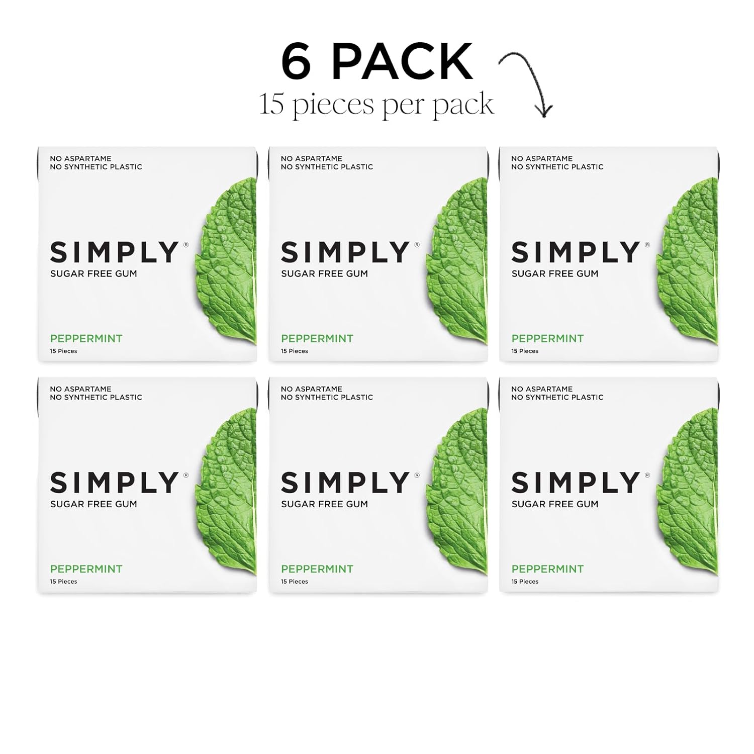 SIMPLY Gum | Dental Gum | Xylitol Chewing Gum - Sugar Free | Peppermint | Pack of Six (90 Pieces Total) | Synthetic Plastic Free + Sugar Free + Aspartame Free - Image 7