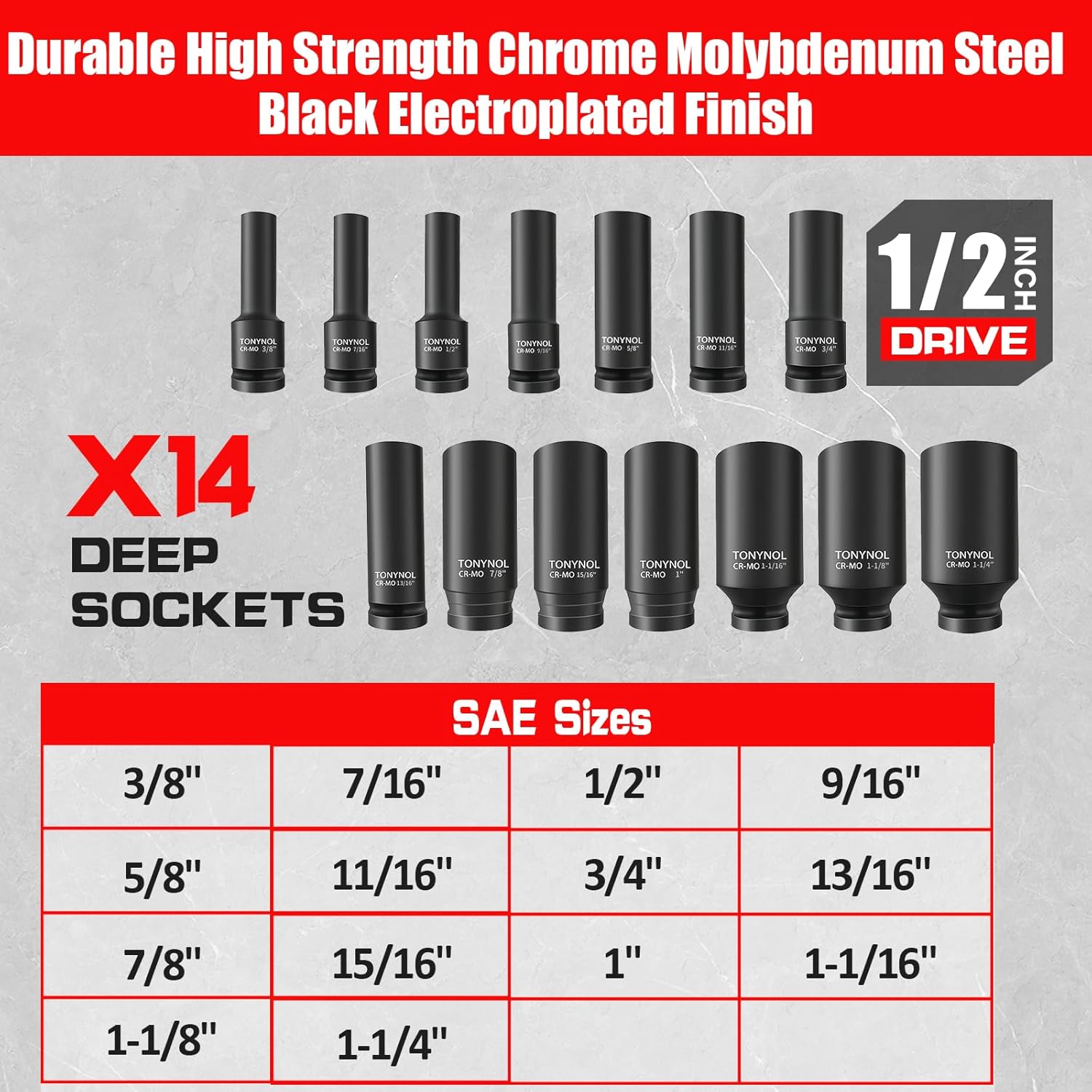 1/2 Inch Deep Drive Impact Socket Set,12-Point,SAE(3/8" to 1-1/4"),14 Pcs,Cr-Mo Steel,With a Storage Case - Image 3
