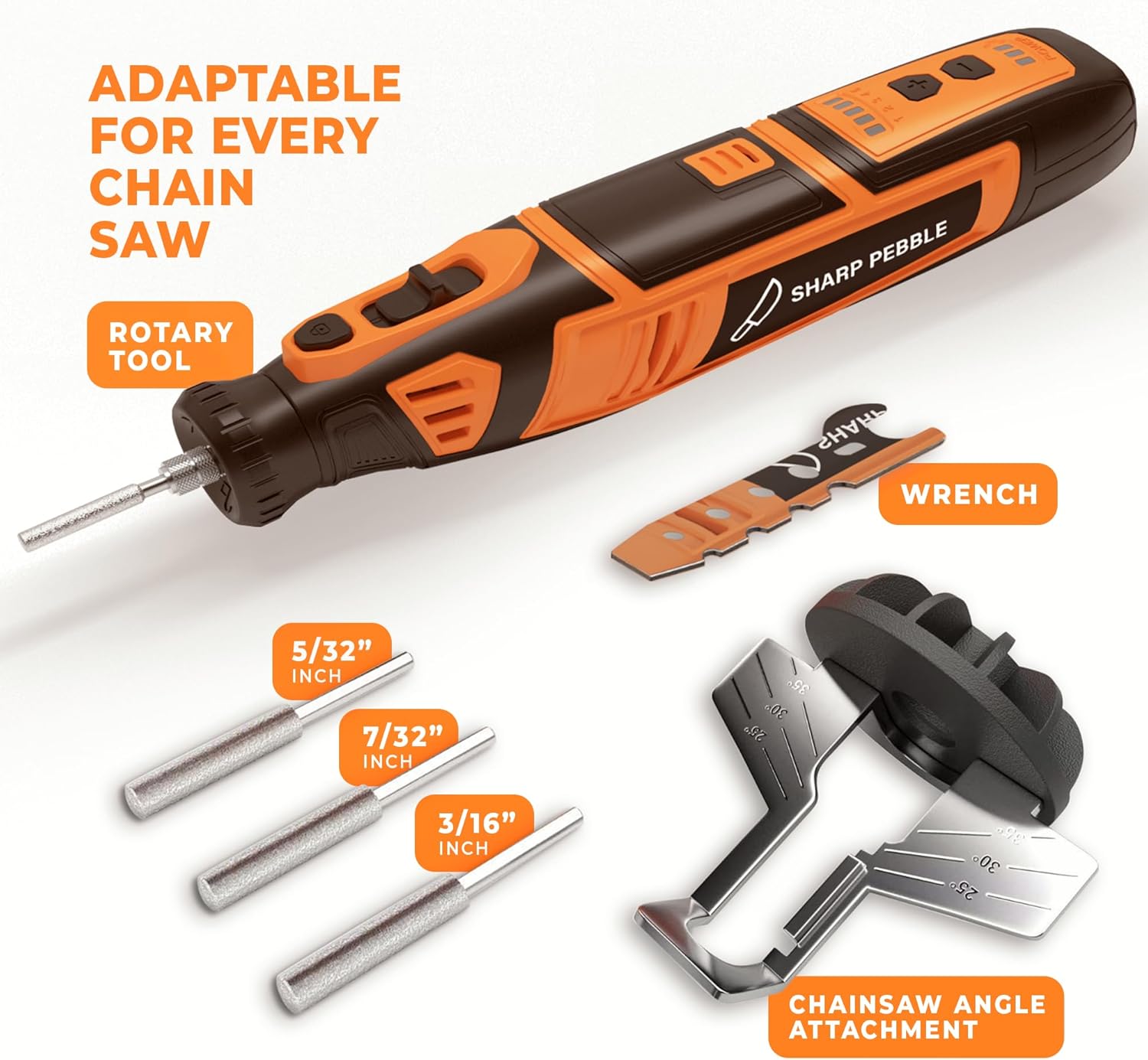 Sharp Pebble Electric Cordless Chainsaw Sharpener Kit - Comes with Chain Saw Sharpener Tool, 4 File Size Sharpening Wheels, Angle Attachment, Wrench & eBook - Image 2