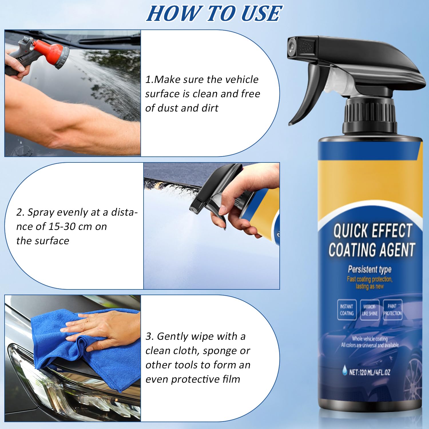 2pcs Car Coating Spray, Quick Effect Coating Agent, 2025 New Quickly Coat Car Wax, Car Scratch Wax Polish Spray Waterless Wash, Easy to Use - Image 5