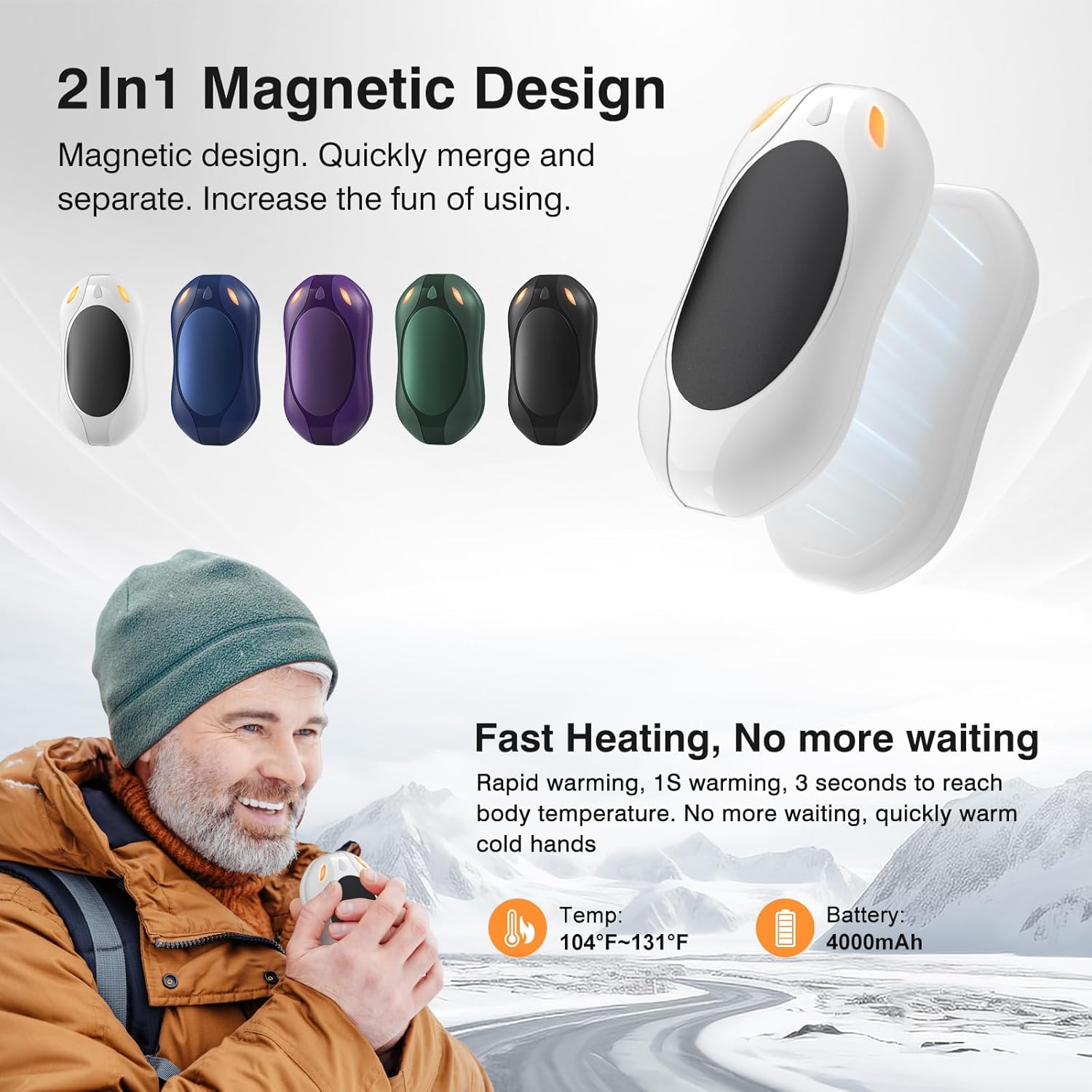 WHATOOK Hand Warmers Rechargeable 2 Pack: Portable Electric Hand Warmer 2 in 1 Magnetic Reusable Heater Pocket Gifts for Men Women Outdoor Camping Golf Hunting Gift - Image 2