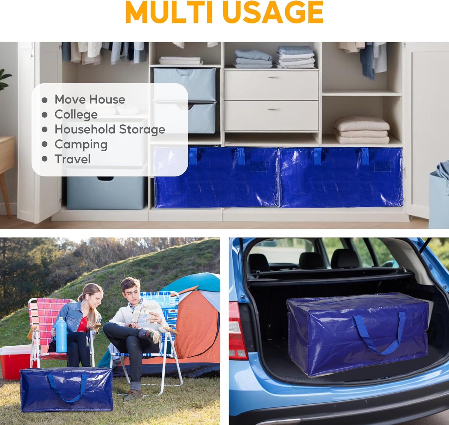 HealSmart 4 Pack Extra Large Moving Bags with Carrying Handles & Zippers, Heavy-Duty Storage Tote Moving Boxes for Dorm Room, Blue - Image 7