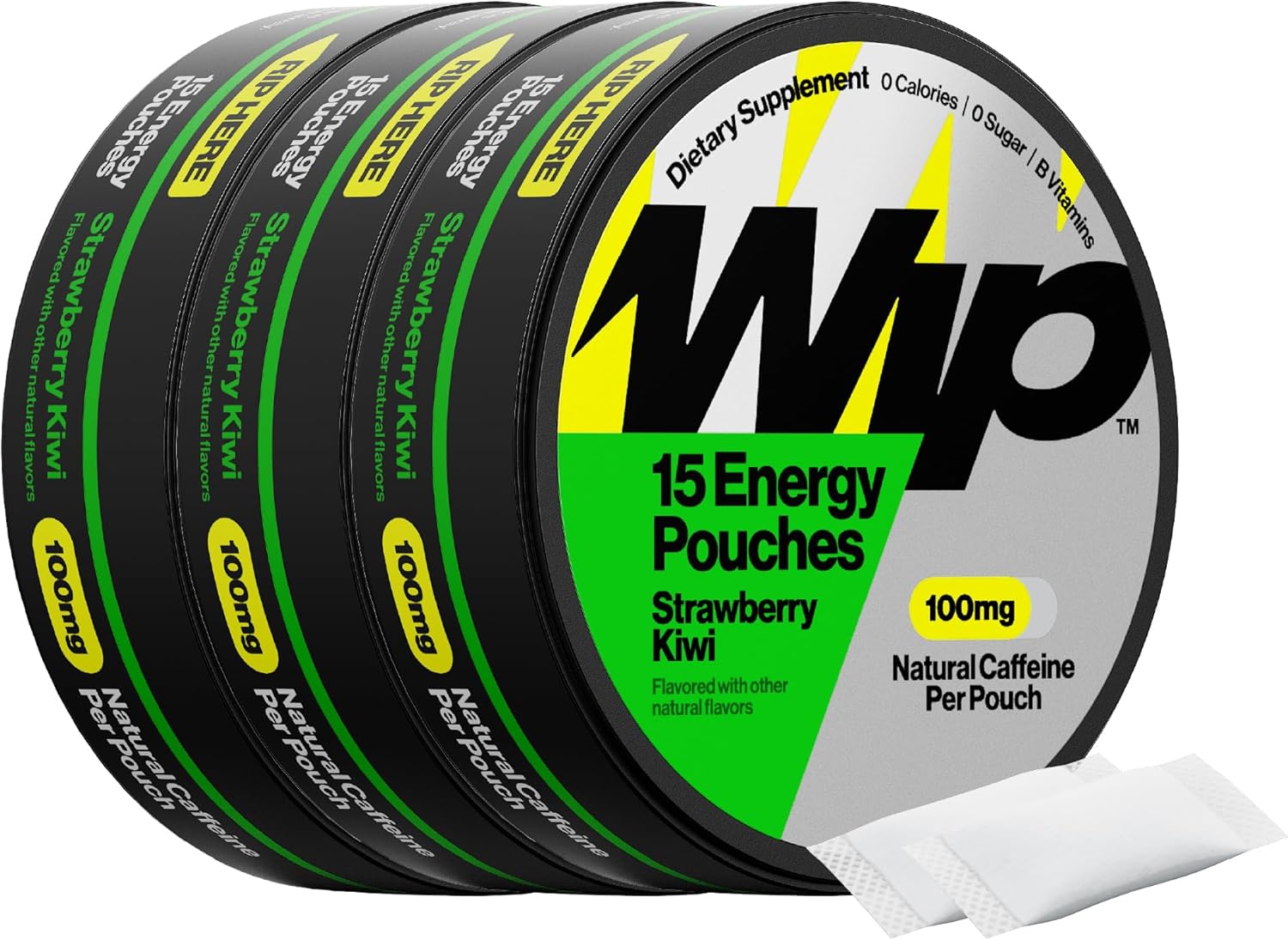 Wip Energy Pouches | 100mg Natural Caffeine | Vitamins and Minerals | Strawberry Kiwi | 15 Pouches Per Can | 3 Cans