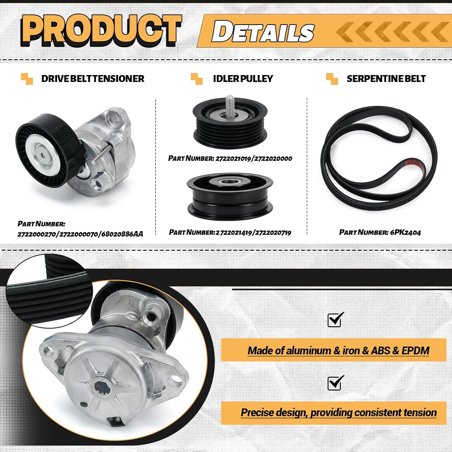 Drive Belt Tensioner and Idler Pulley Serpentine Belt kit Compatible with Mercedes-Benz ML350 C230 C300 C350 E350 S550, 2006-2011#Replace 2722021419 2722000270 6pk2404 - Image 3