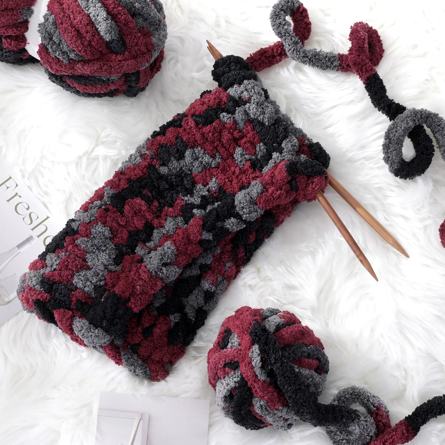 Hombys 8 Pack Giant Chunky Yarn for Crocheting/Hand Knitting - Super Bulky, Soft, Fluffy, Plush Fuzzy Tie Dye Mixed Color Thick Chenille Yarn (Wine Red, Black, Grey) - Image 3