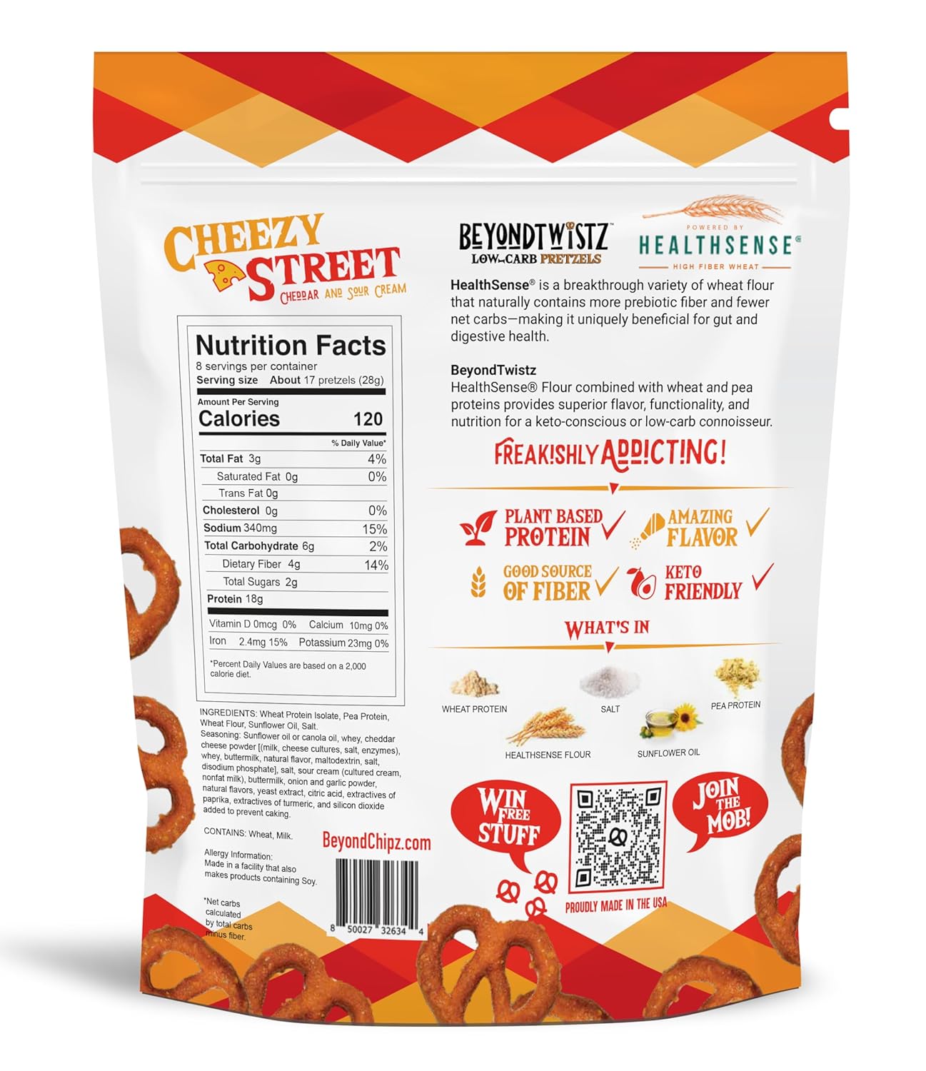 BeyondTwistz Low Carb Pretzels, Cheezy Street, Keto Friendly, 2g Net Carbs, 18g Protein, Powered By HealthSense® High Fiber Wheat Flour, Family Size 8oz Bag, Pack of 1 - Image 2