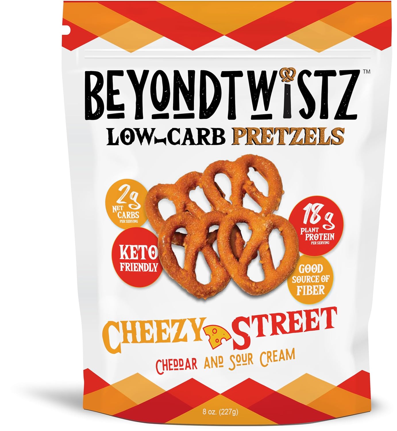 BeyondTwistz Low Carb Pretzels, Cheezy Street, Keto Friendly, 2g Net Carbs, 18g Protein, Powered By HealthSense® High Fiber Wheat Flour, Family Size 8oz Bag, Pack of 1