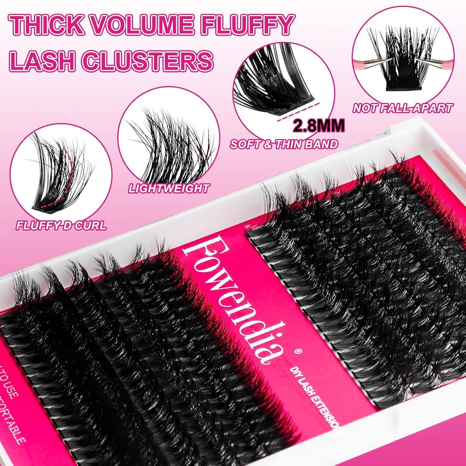 Fowendia Lash Clusters Kit Fluff 80D 100D Individual Lashes D Curl Cluster Eyelash Extensions 10-18mm DIY Lash Extension Kit Lash Bond and Seal Waterproof, Lash Applicator, Thick False Eyelashes Kit - Image 4