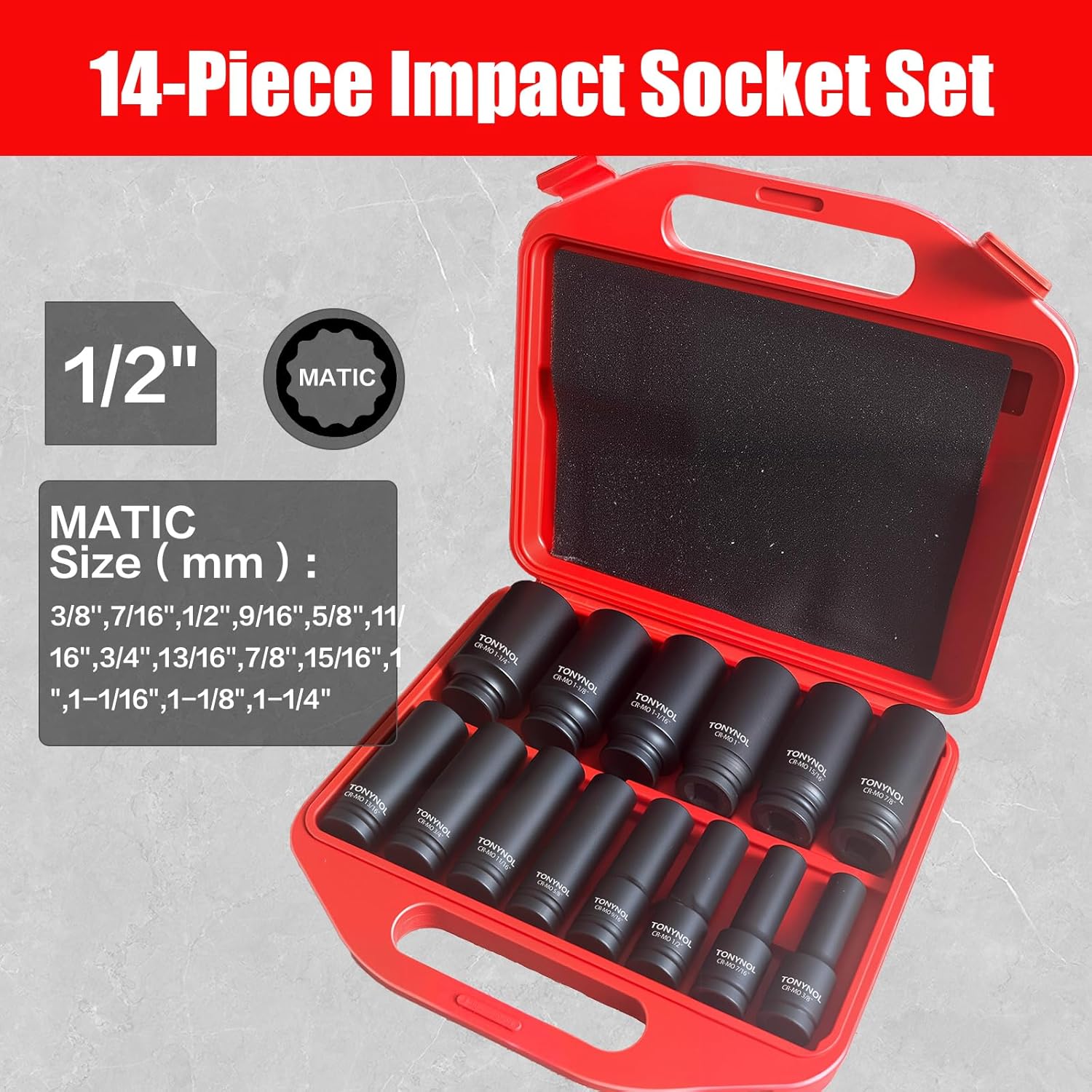 1/2 Inch Deep Drive Impact Socket Set,12-Point,SAE(3/8" to 1-1/4"),14 Pcs,Cr-Mo Steel,With a Storage Case - Image 2