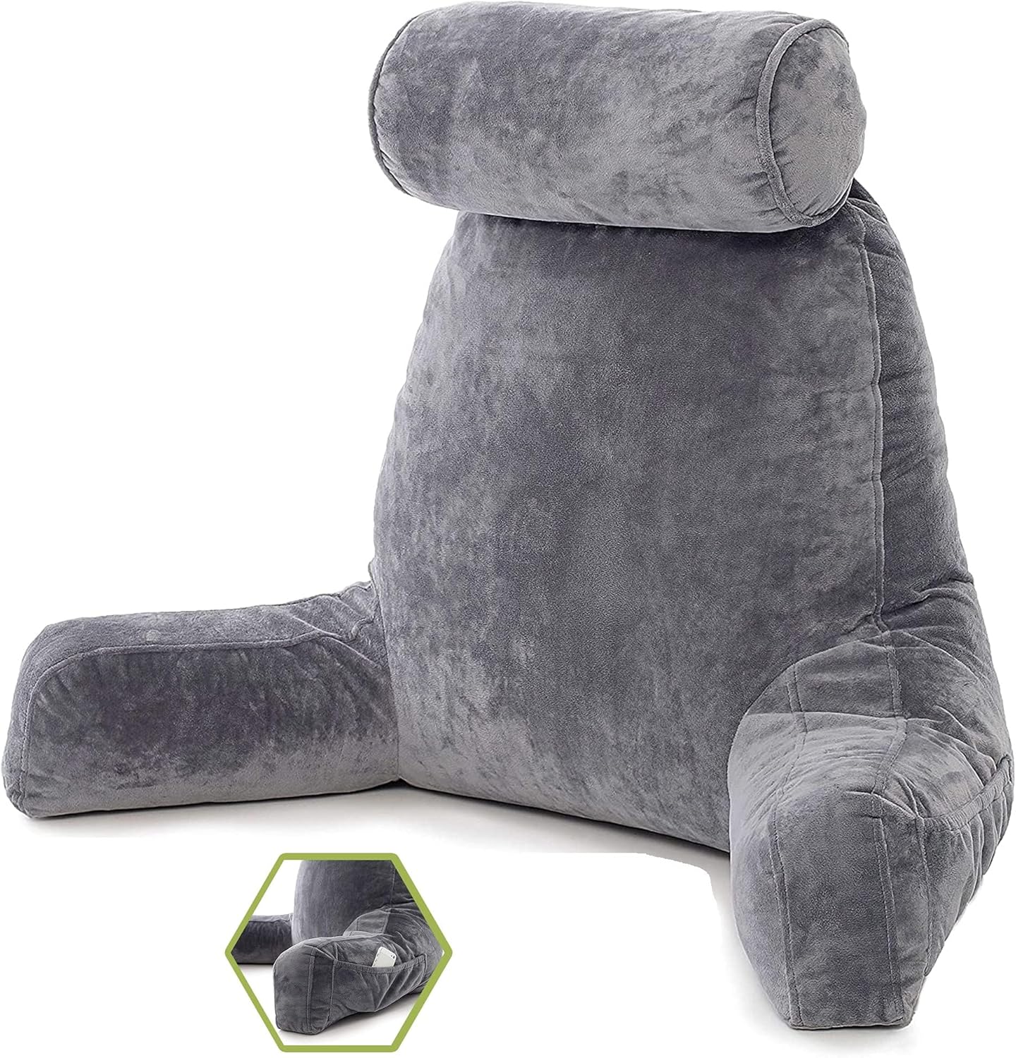 Reading Pillow Extra Large - Sitting Relax Backrest for Bed or Chair with Support Arms, Shredded Memory Foam Back Rest for Gaming Reading, Relaxing, Watching TV