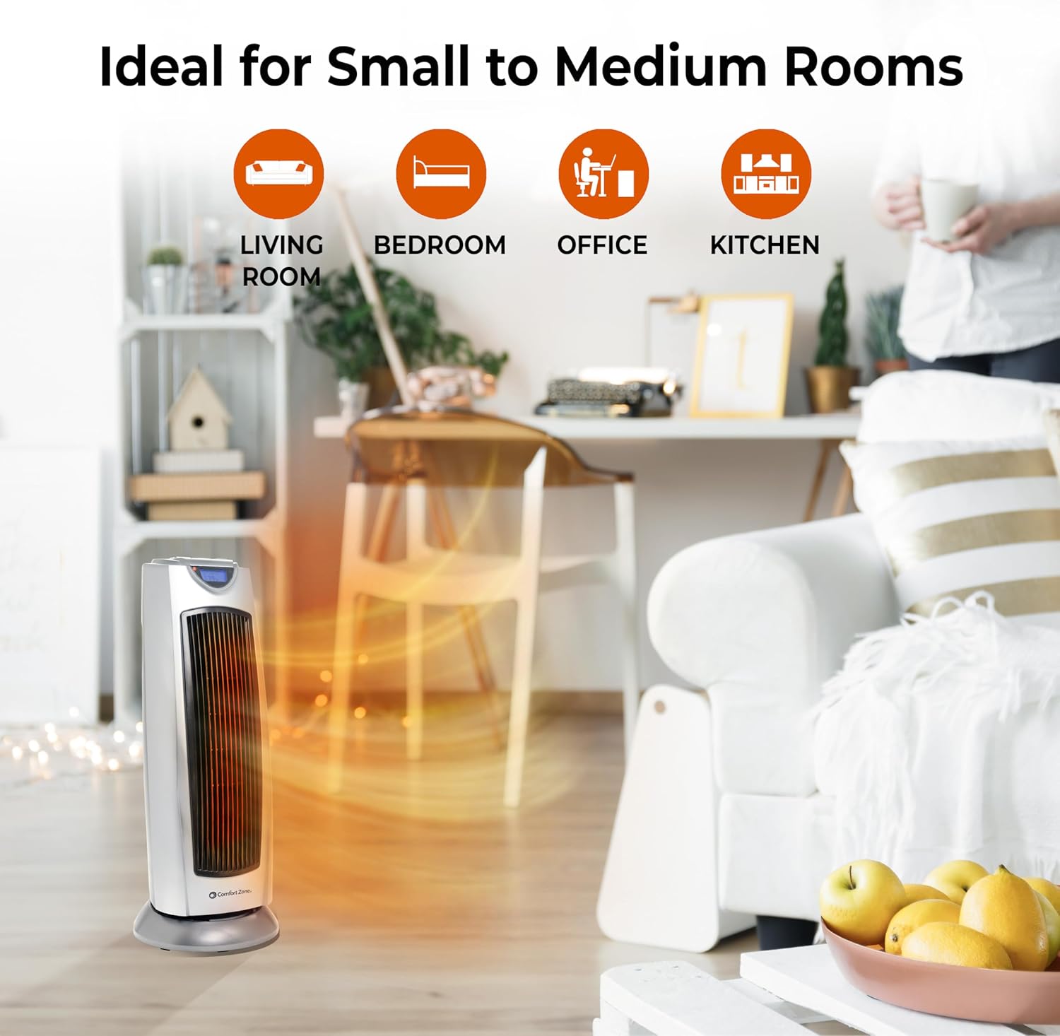 Comfort Zone Ceramic Tower Space Heater, 1500W Portable Electric Heater with 80° Oscillation, Digital Controls & Remote, Tip-Over & Overheat Protection, Indoor Heater for Home, Office & Bedroom - Image 6