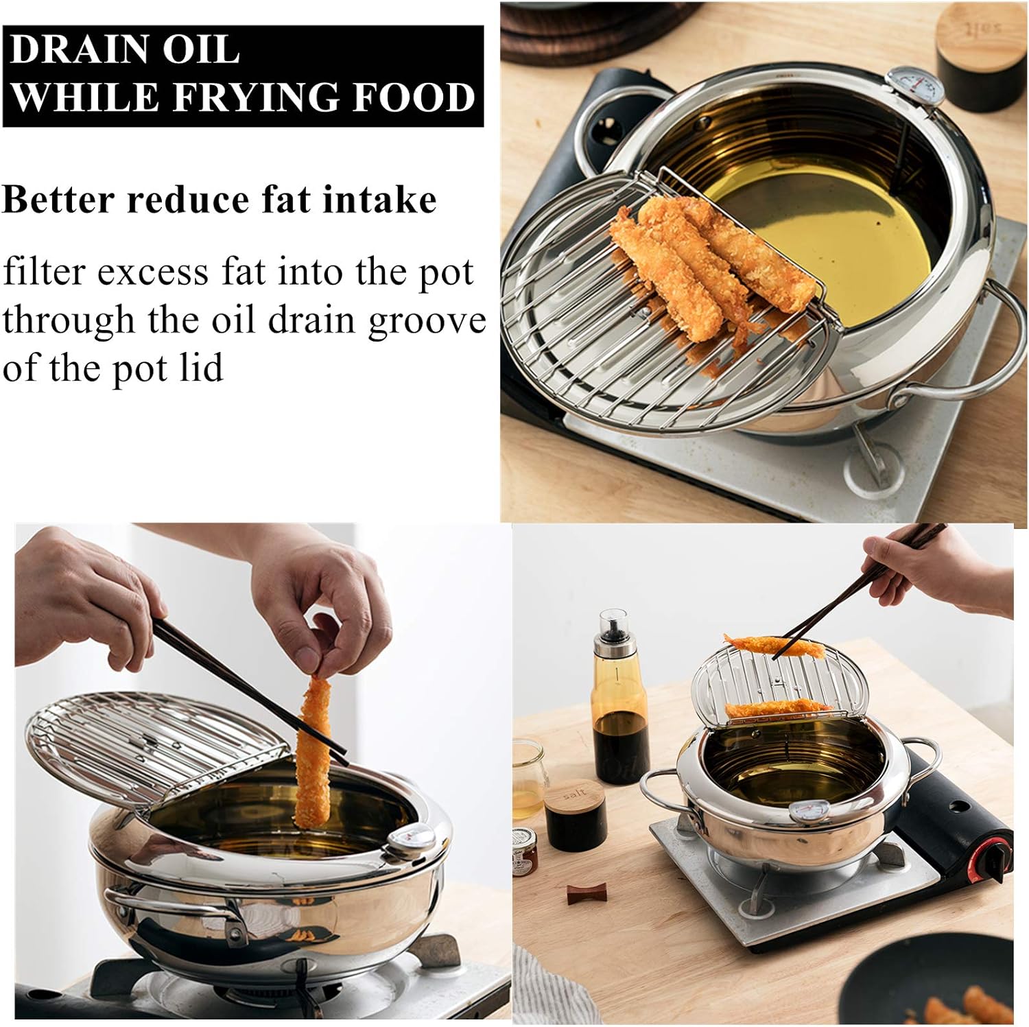 Yopay 304 Stainless Steel Deep Fryer Pot, Frying Chicken Pot, Tempura deep Fryer with a Thermometer and a lid, Japanese Style Tempura Fryer Pan,2.2L - Image 4