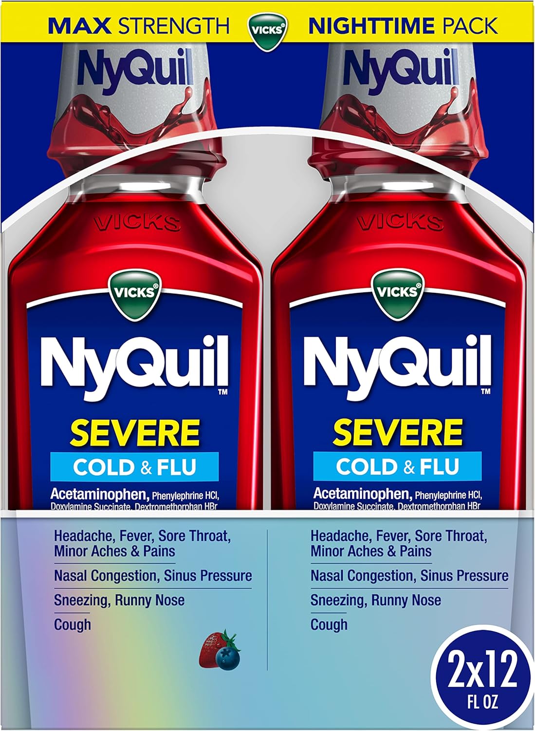 Vicks NyQuil SEVERE Cold, Flu, and Congestion Medicine, 2x12 fl oz Twin Pack, Berry Flavor, Maximum Strength, Nighttime Relief
