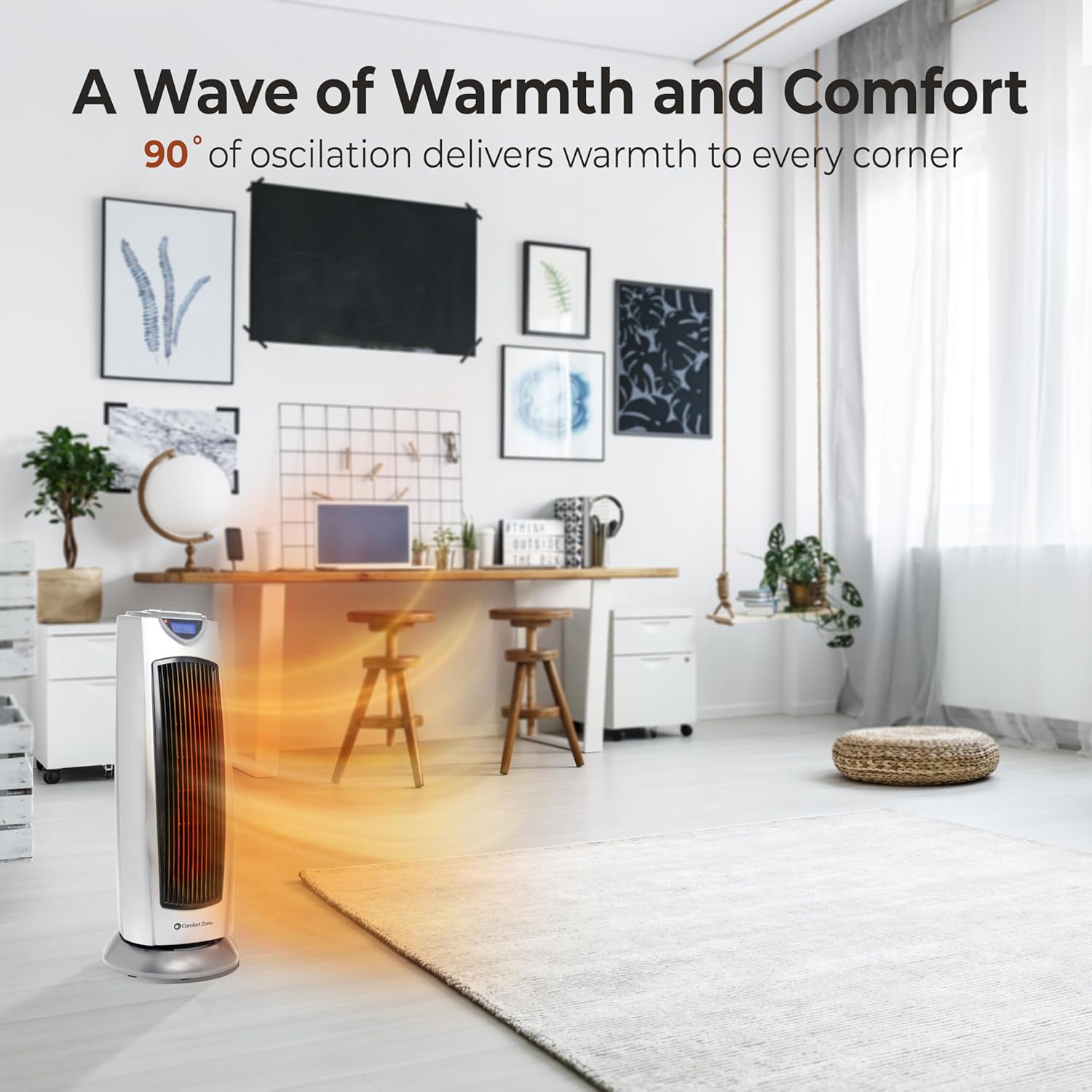 Comfort Zone Ceramic Tower Space Heater, 1500W Portable Electric Heater with 80° Oscillation, Digital Controls & Remote, Tip-Over & Overheat Protection, Indoor Heater for Home, Office & Bedroom - Image 2