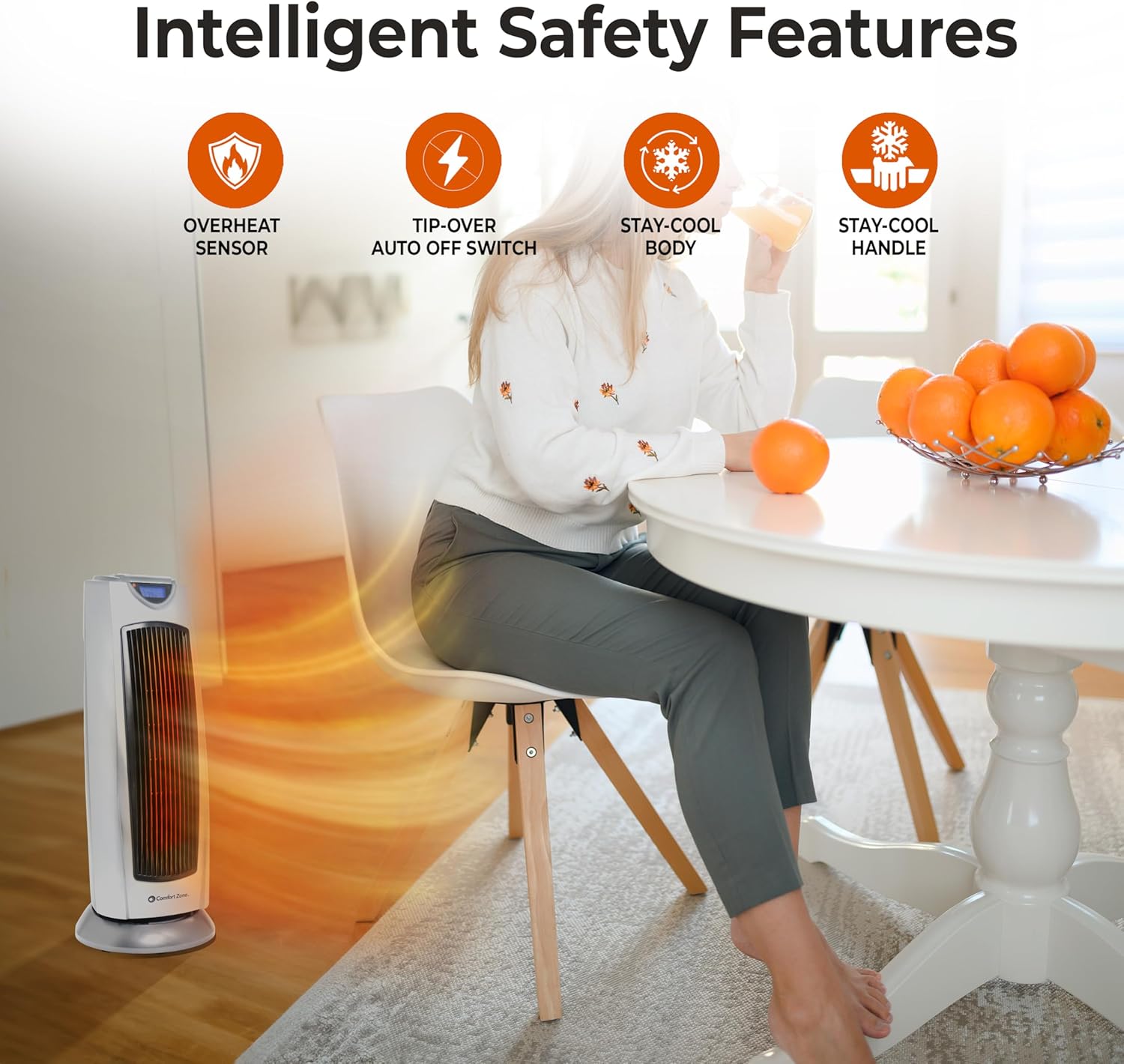 Comfort Zone Ceramic Tower Space Heater, 1500W Portable Electric Heater with 80° Oscillation, Digital Controls & Remote, Tip-Over & Overheat Protection, Indoor Heater for Home, Office & Bedroom - Image 4