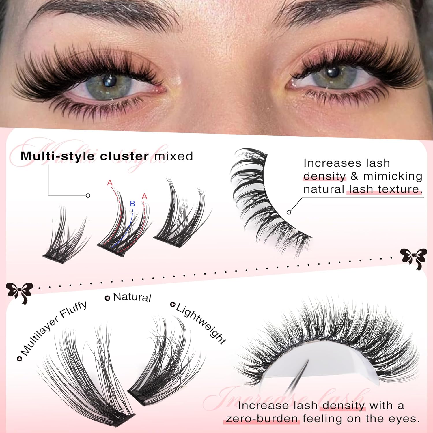 Wispy Lash Clusters Kit Cluster Eyelash Extensions Natural Lash Extension Kit C Curl Fluffy Individual Eyelashes with Bottom Lashes Clusters Waterproof Bond and Seal DIY at Home - Image 4